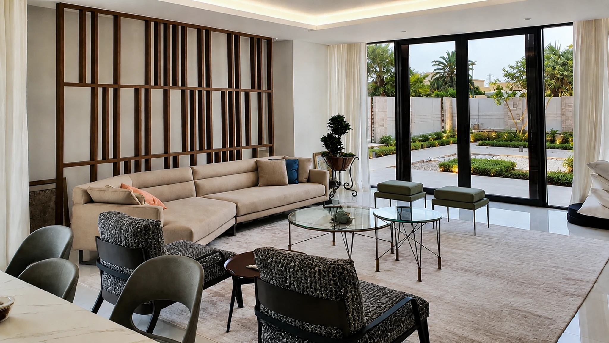 Living, wood-grid wall — villa interior in Dubai by Soltis Interiors