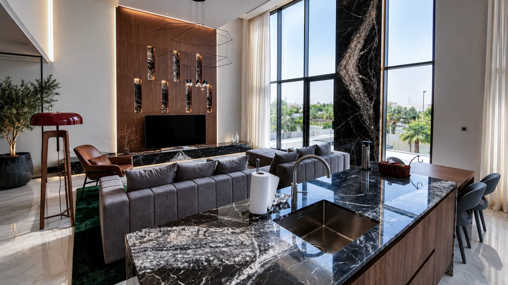 Kitchen, black marble island — villa interior in Dubai by Soltis Interiors