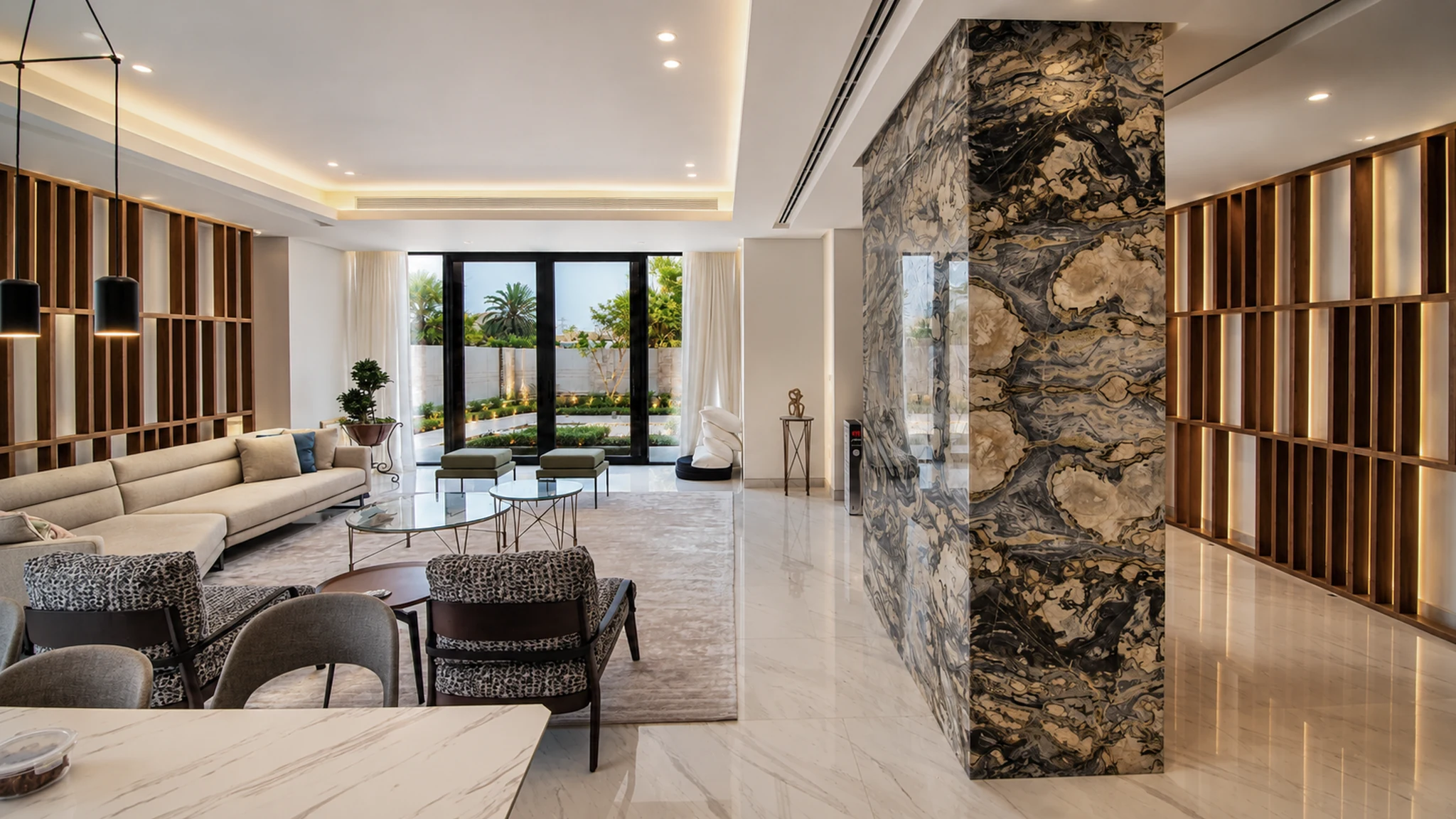 Upper living, black marble wall — villa interior in Dubai by Soltis Interiors