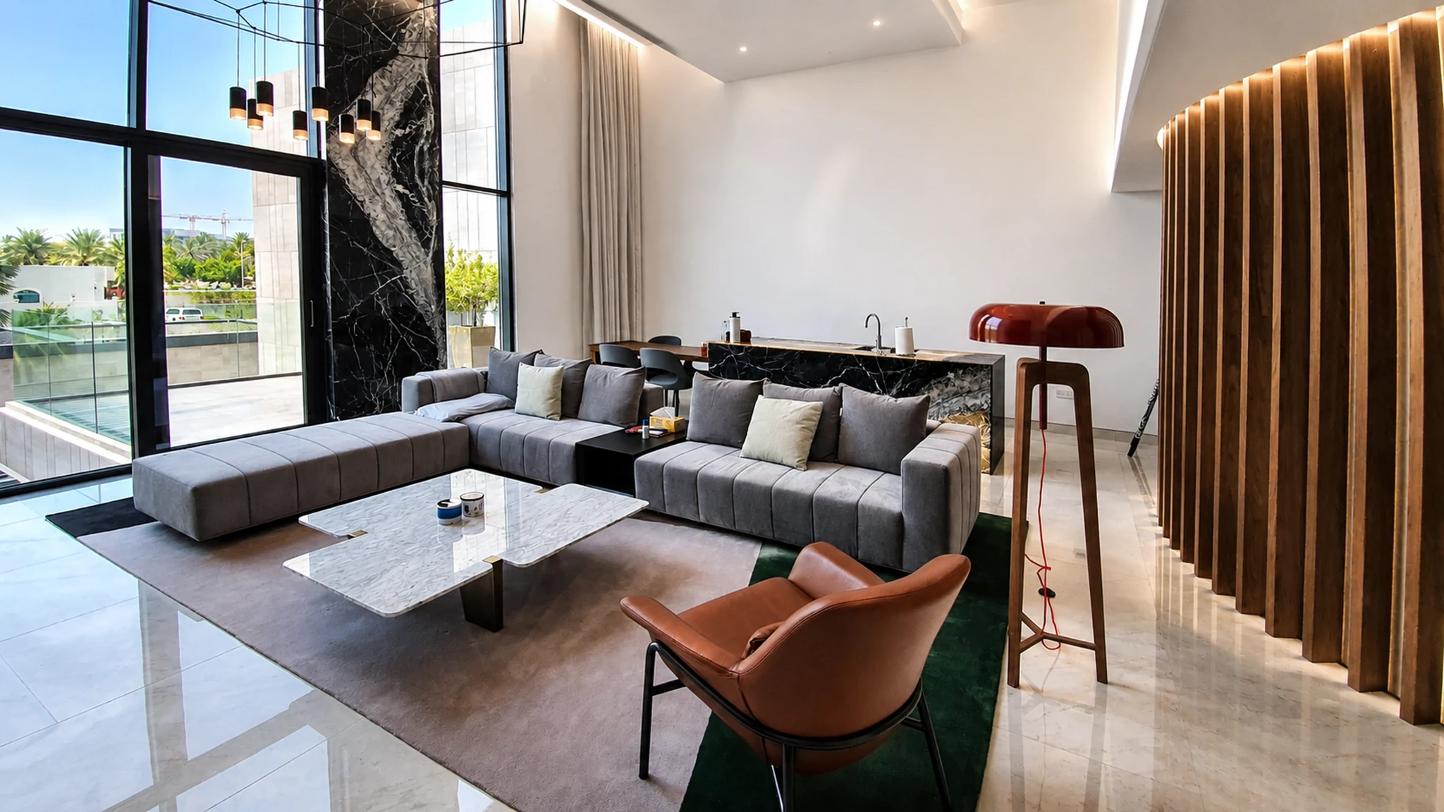 Stair, curved glass balustrade — villa interior in Dubai by Soltis Interiors