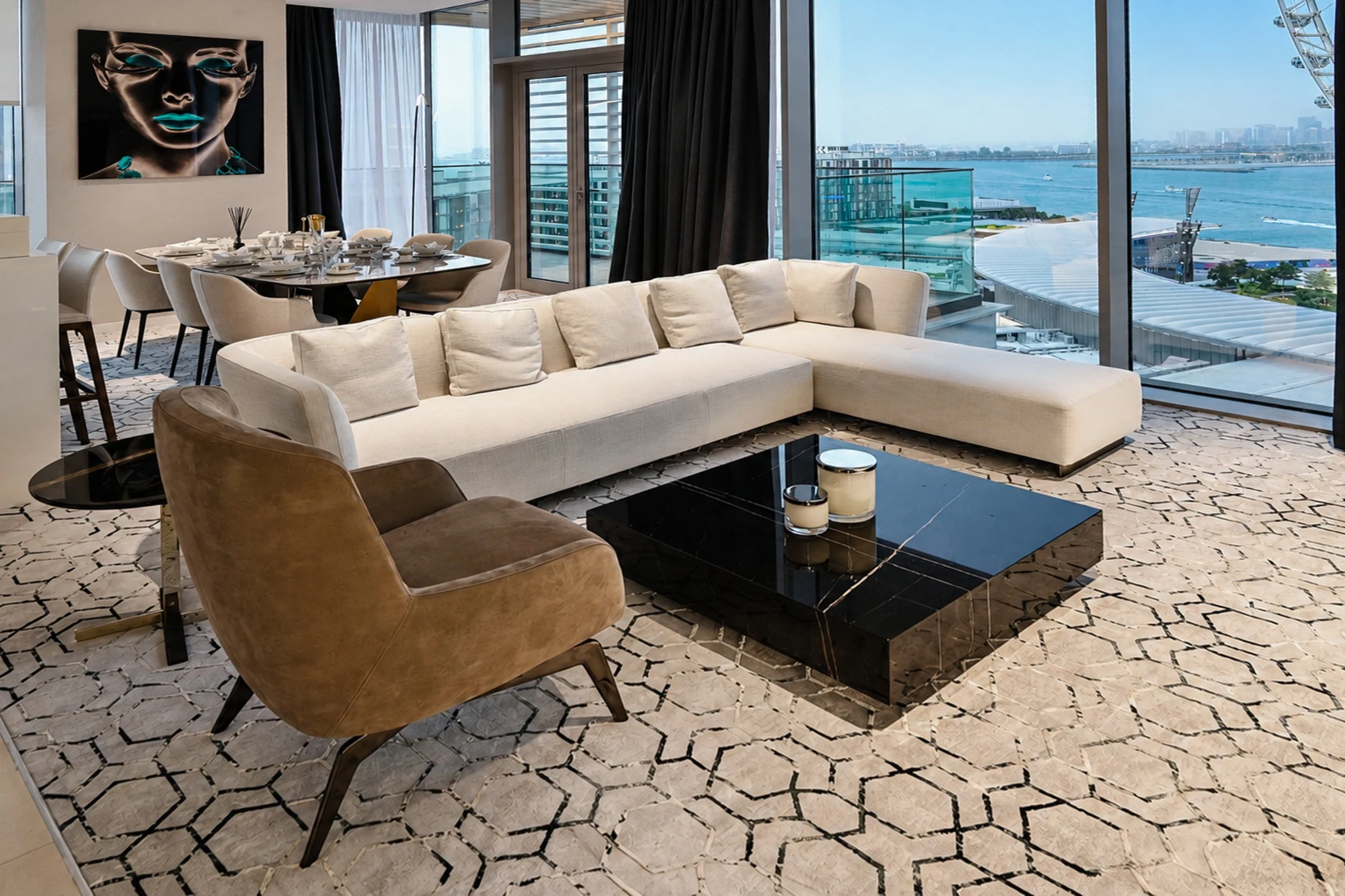Living, sectional and Ain Dubai view — apartment interior in Dubai by Soltis Interiors
