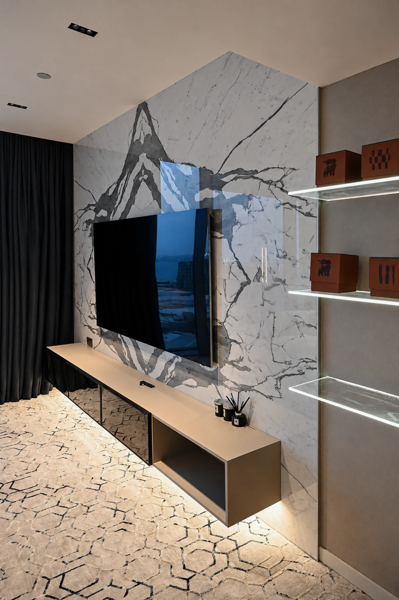 Media wall, book-matched marble — apartment interior in Dubai by Soltis Interiors