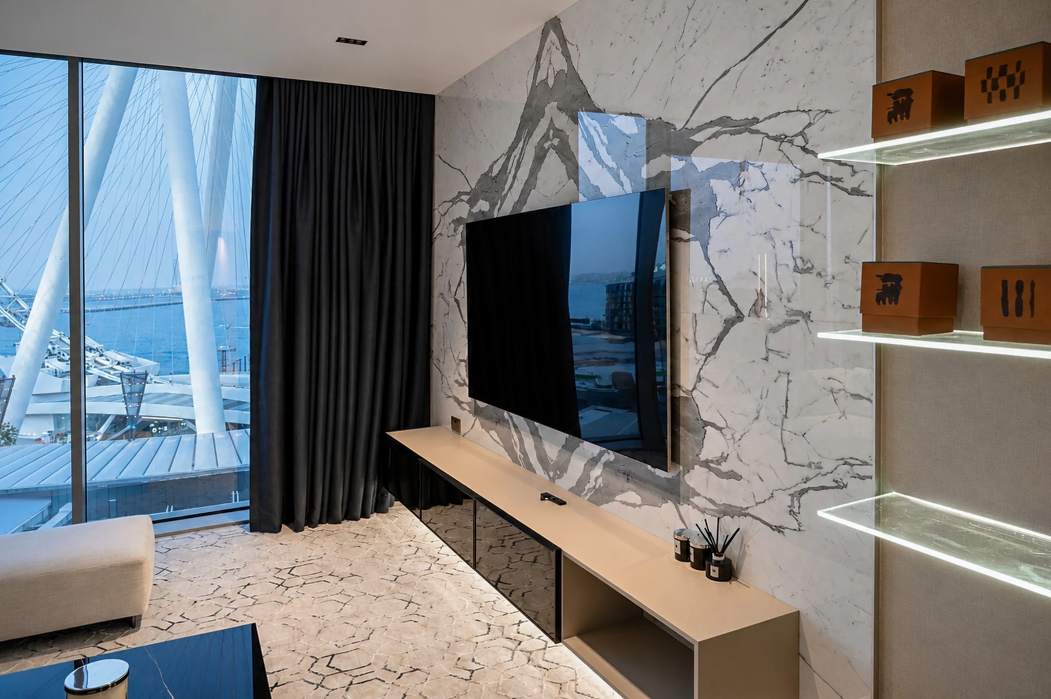 Media wall, evening view — apartment interior in Dubai by Soltis Interiors