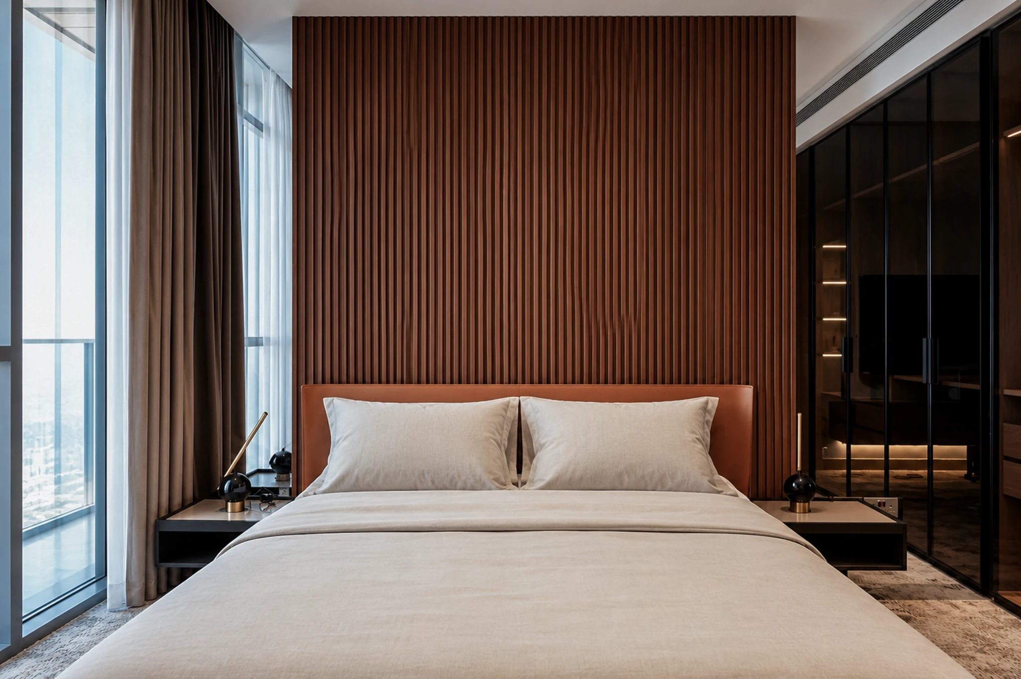 Bedroom, leather headboard and timber slats — apartment interior in Dubai by Soltis Interiors