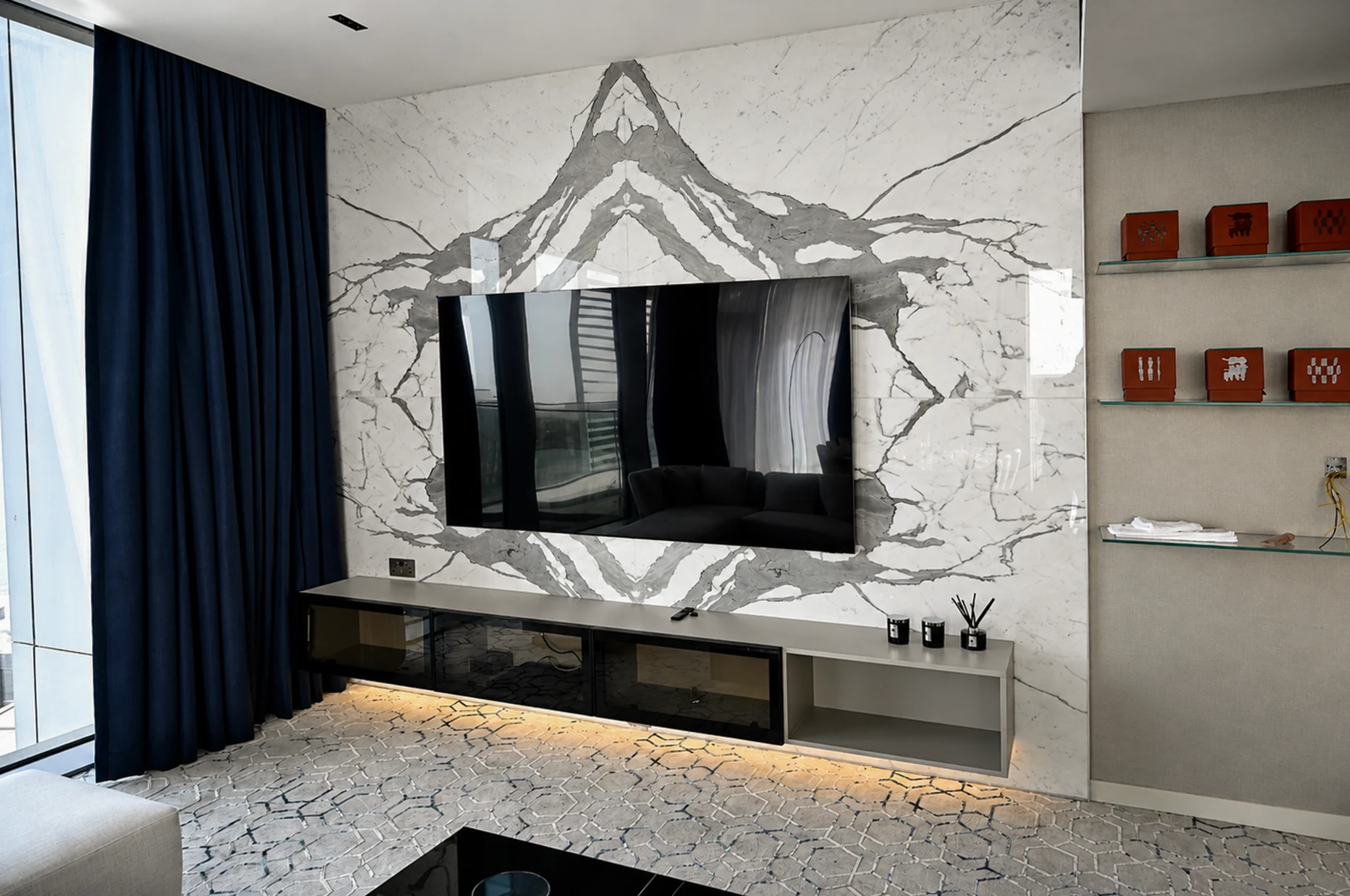Media wall, full elevation — apartment interior in Dubai by Soltis Interiors