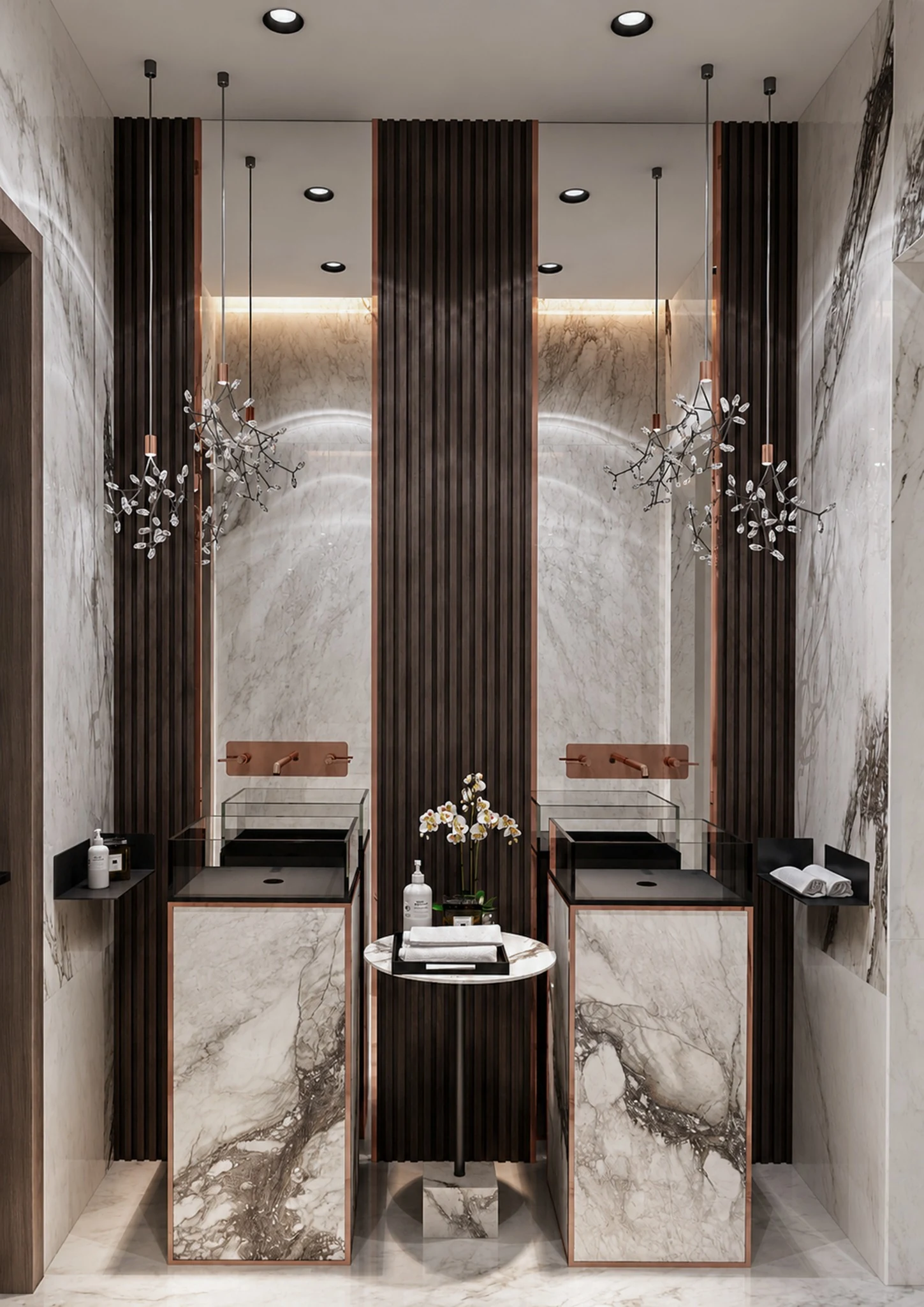 Dining, marble feature wall — villa interior in Dubai by Soltis Interiors