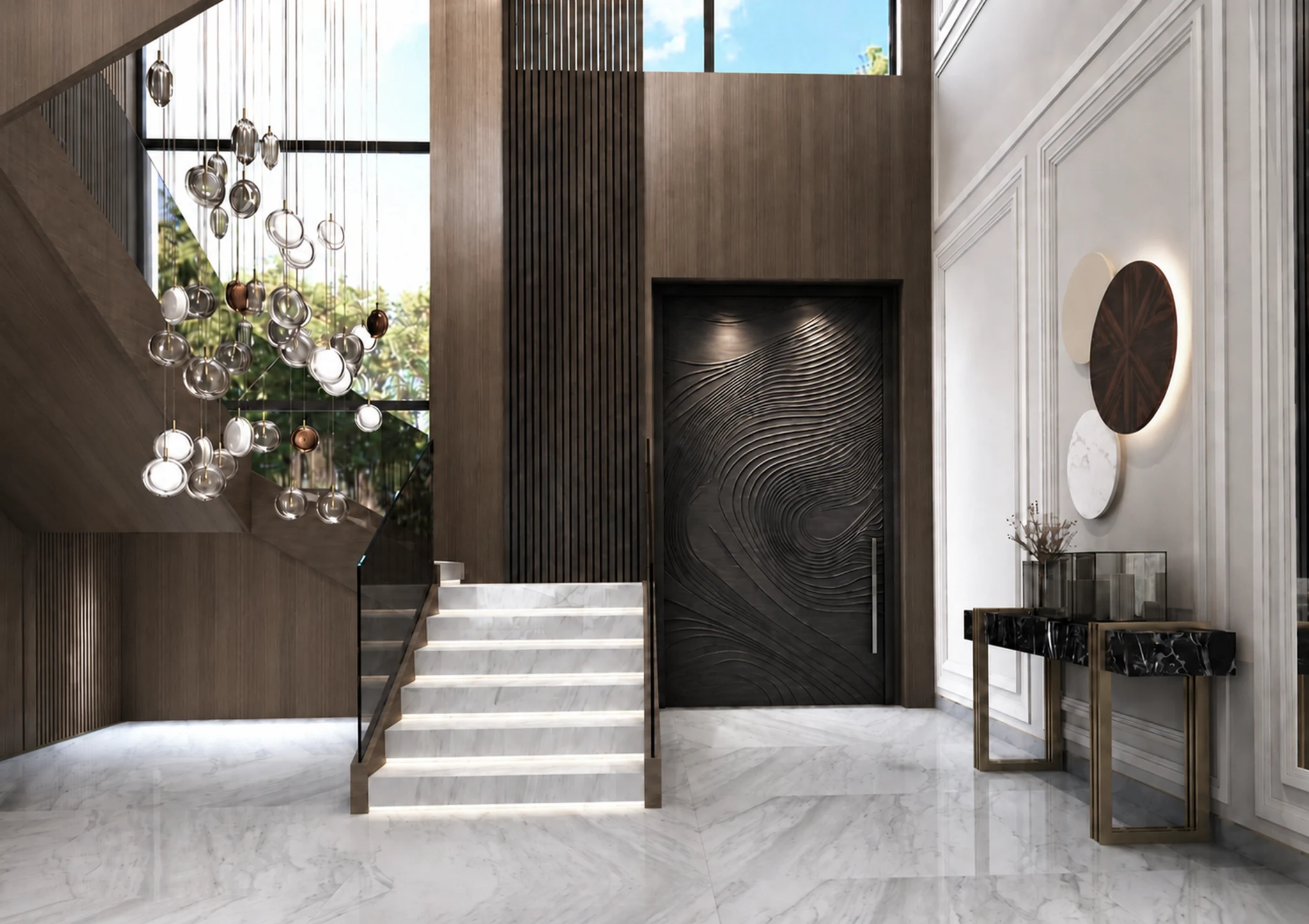 Entry, crystal chandelier and sculptural door — villa interior in Dubai by Soltis Interiors