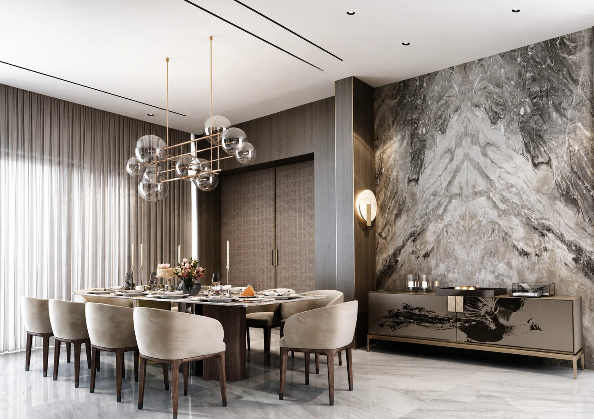 Master suite, slatted wall — villa interior in Dubai by Soltis Interiors