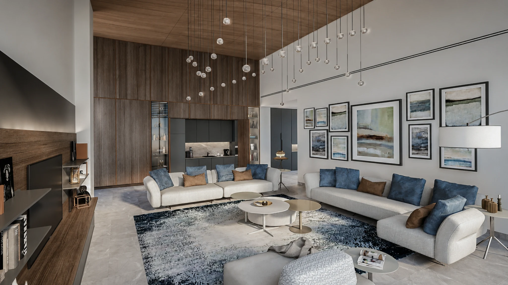 Living, double-height — mansion interior in Dubai by Soltis Interiors