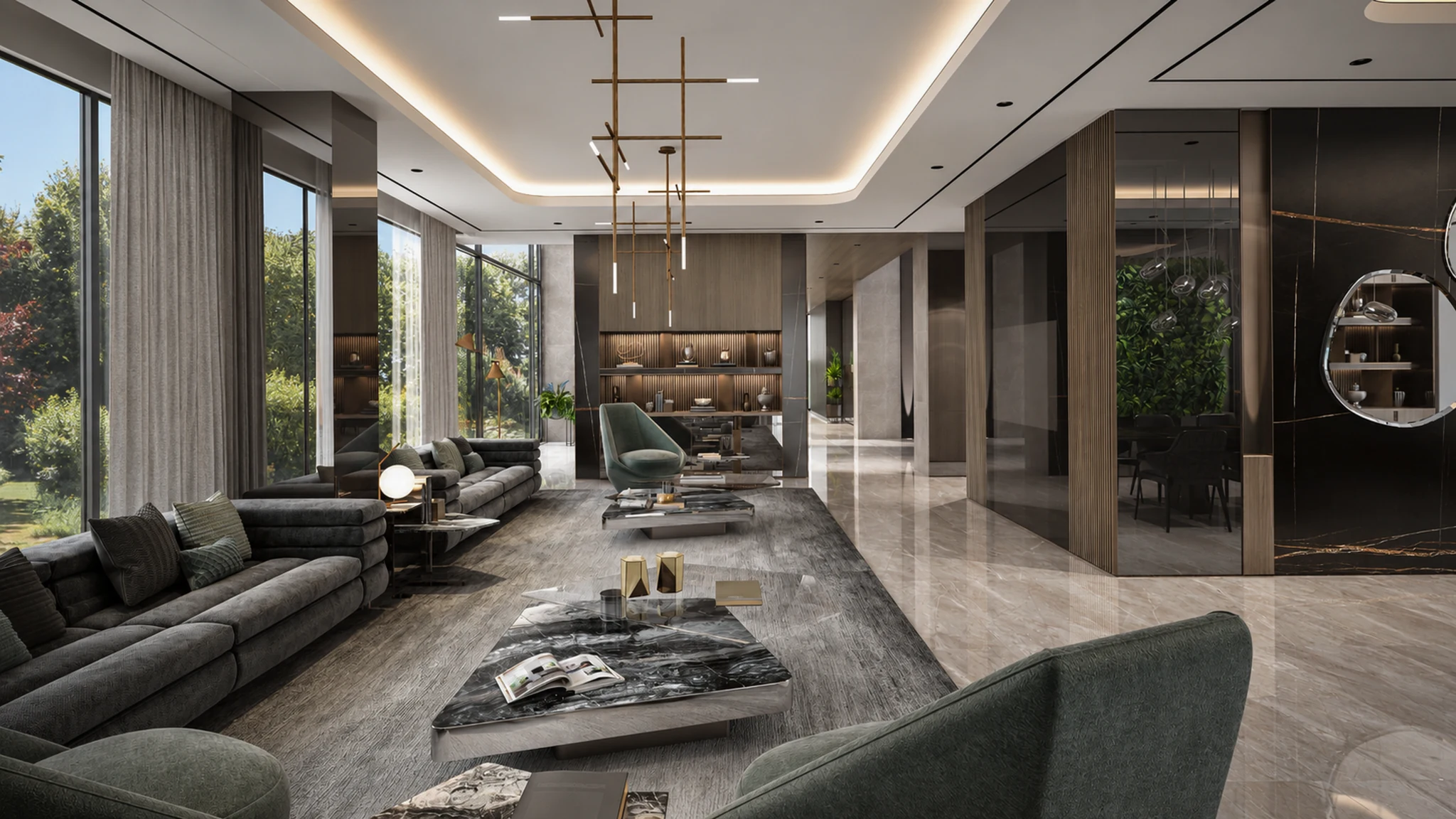 Living, garden view — mansion interior in Dubai by Soltis Interiors