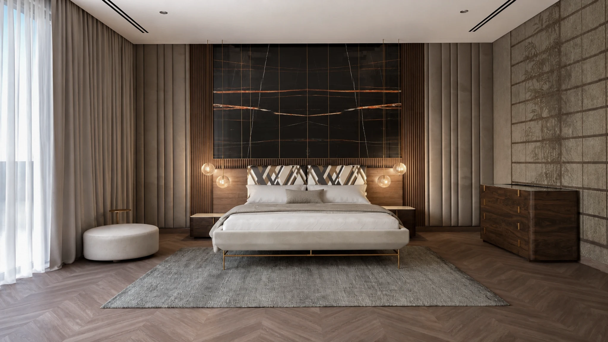 Bedroom, Japanese mural — mansion interior in Dubai by Soltis Interiors