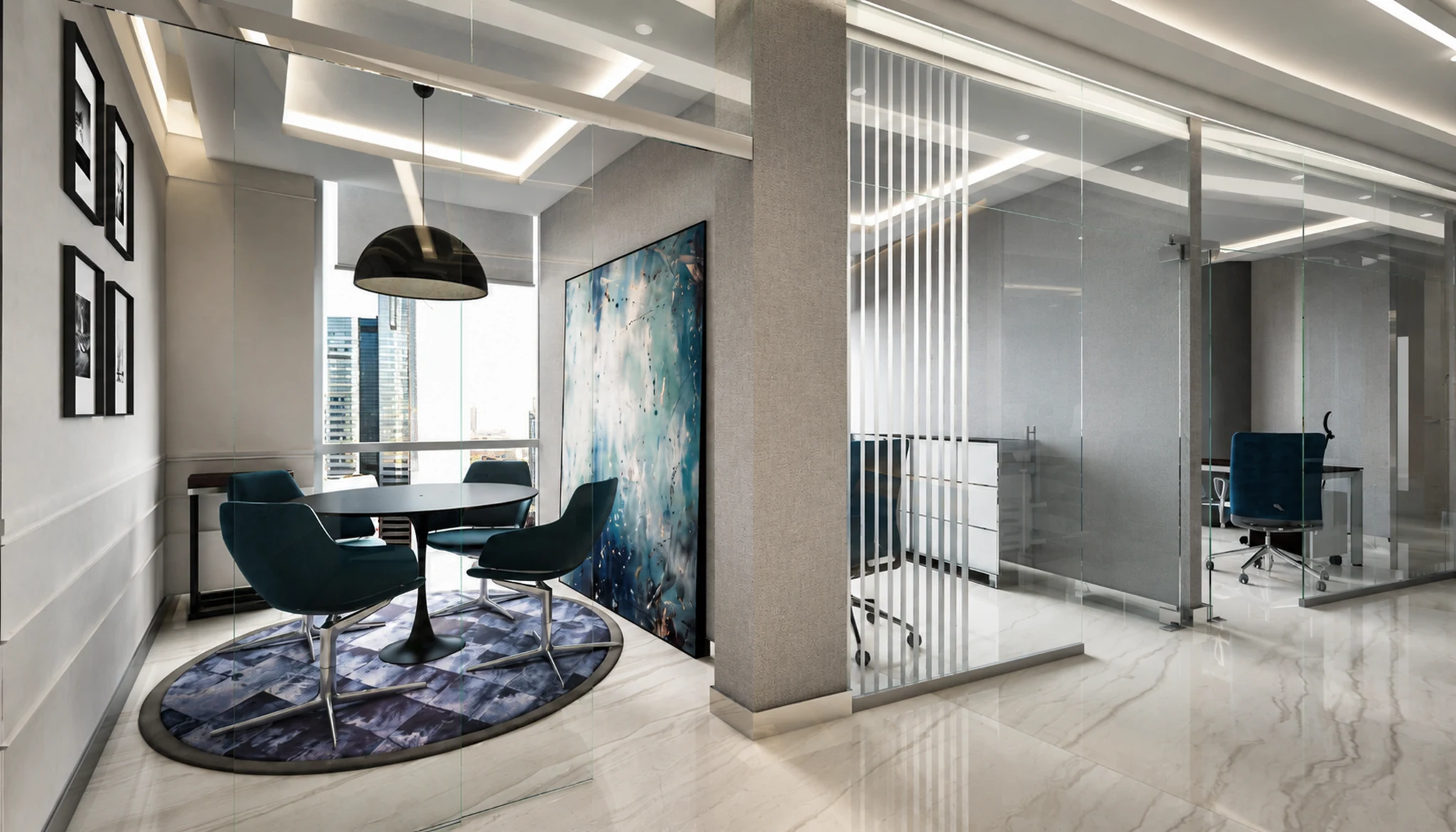 Meeting room, glass partition and skyline view — office interior in Dubai by Soltis Interiors