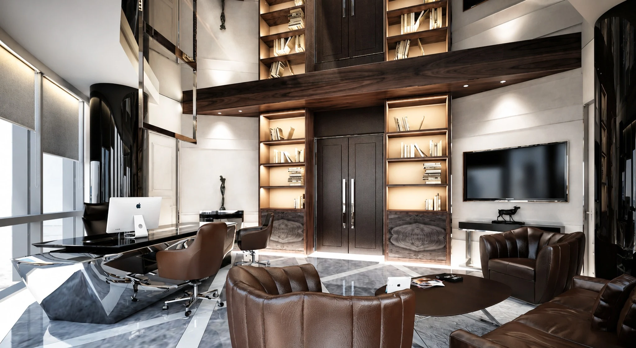 Executive office, double-height library wall — office interior in Dubai by Soltis Interiors