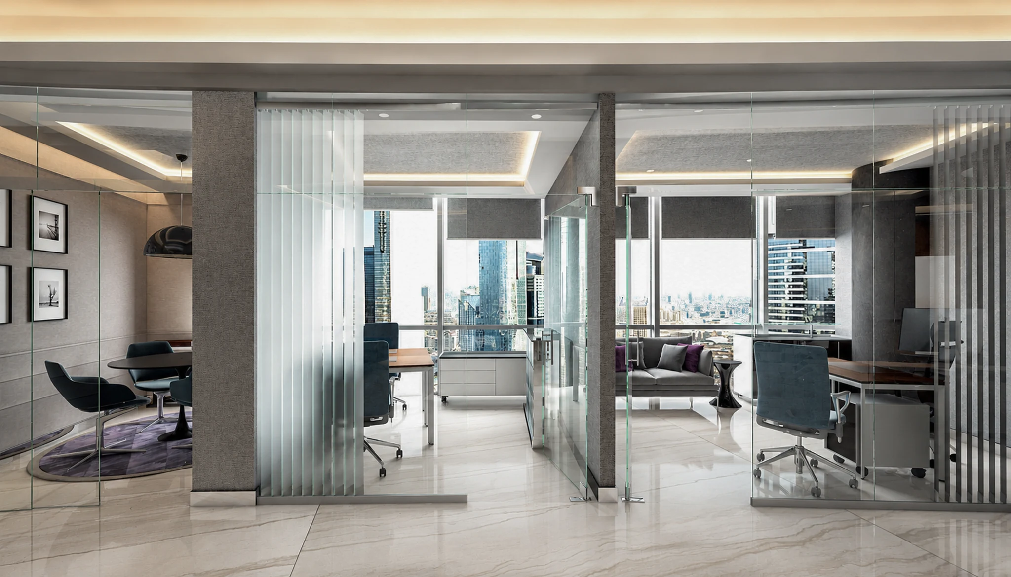 Open plan, glass-walled offices — office interior in Dubai by Soltis Interiors