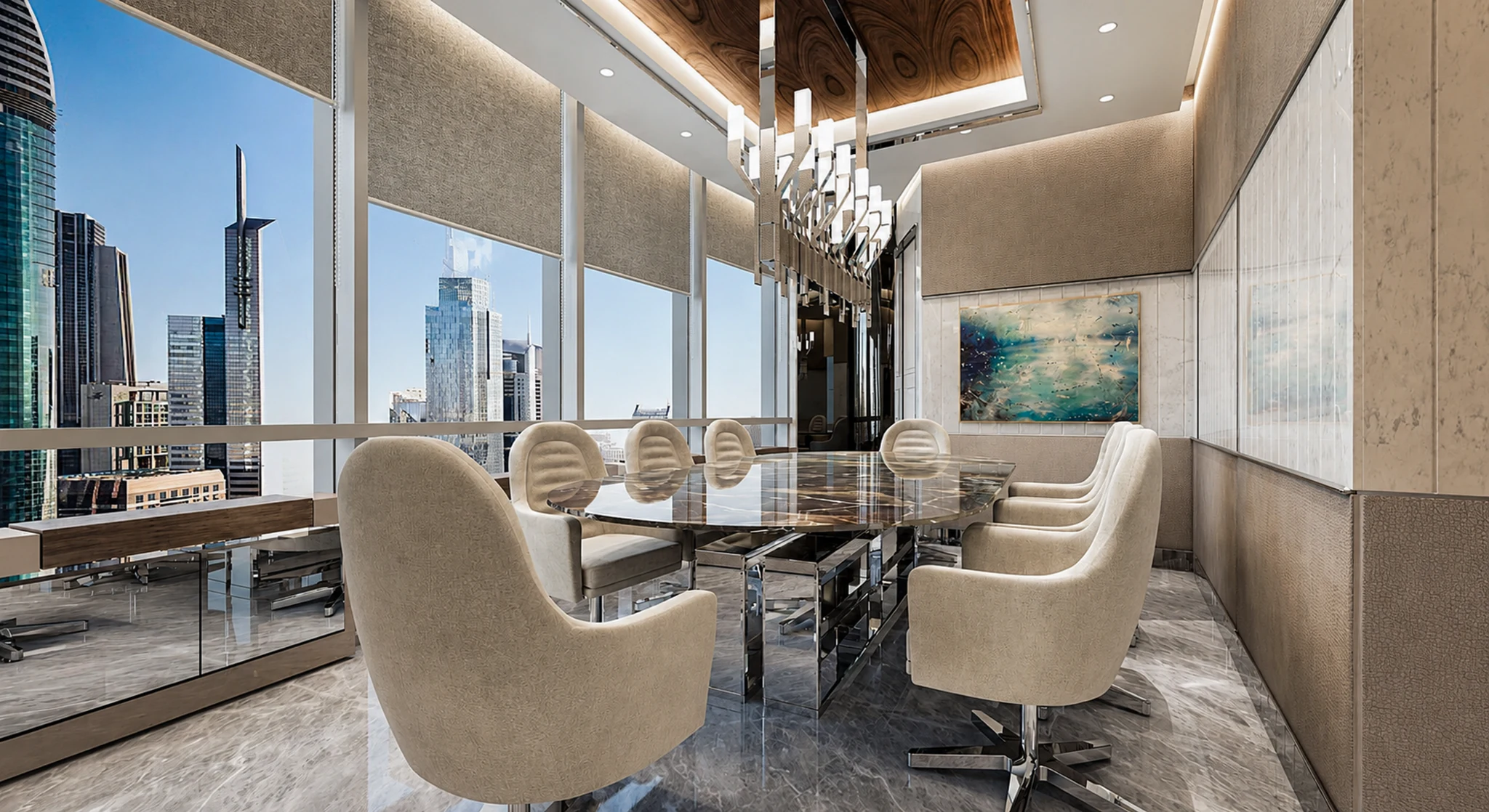 Emirates Financial Towers — glass office suite with skyline view