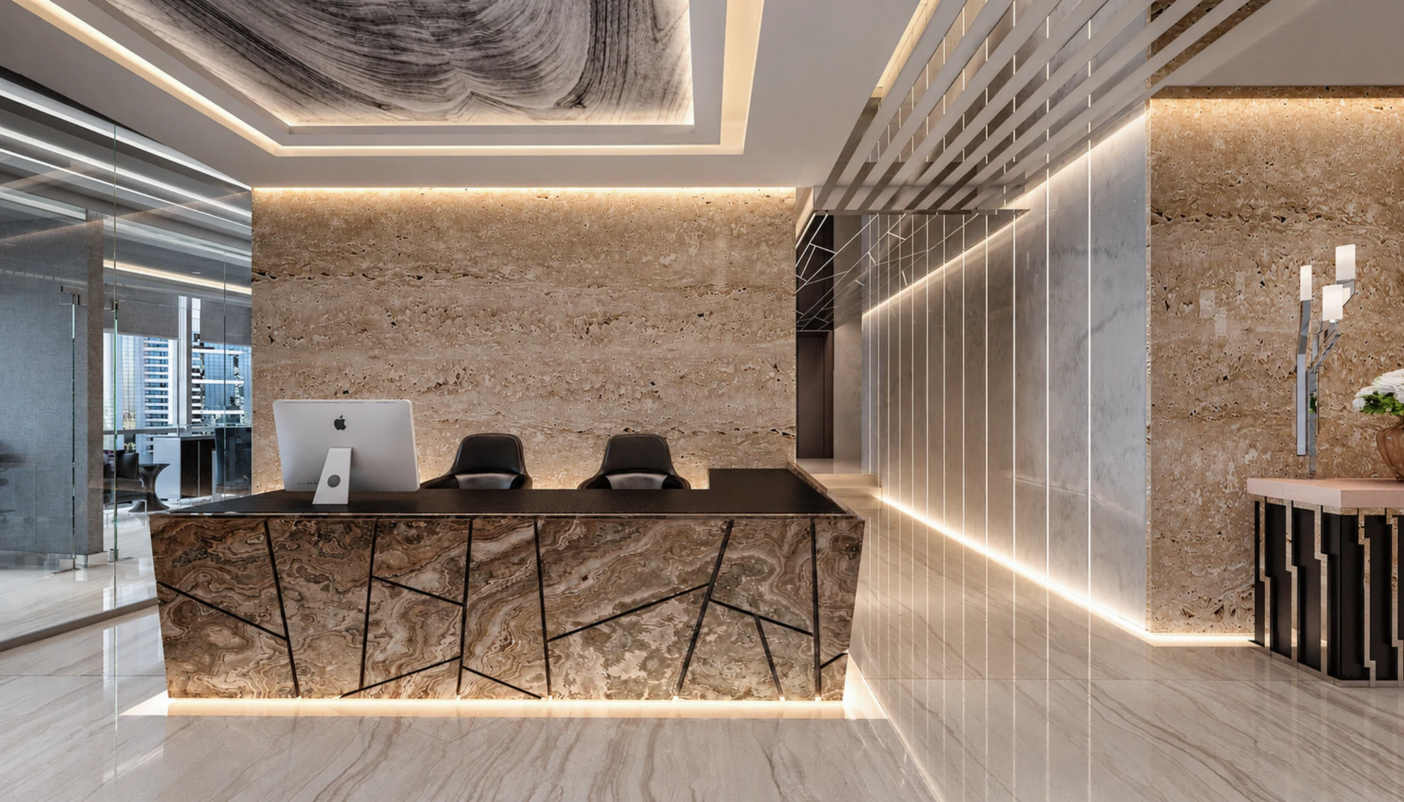 Boardroom, marble table and brass chandelier — office interior in Dubai by Soltis Interiors