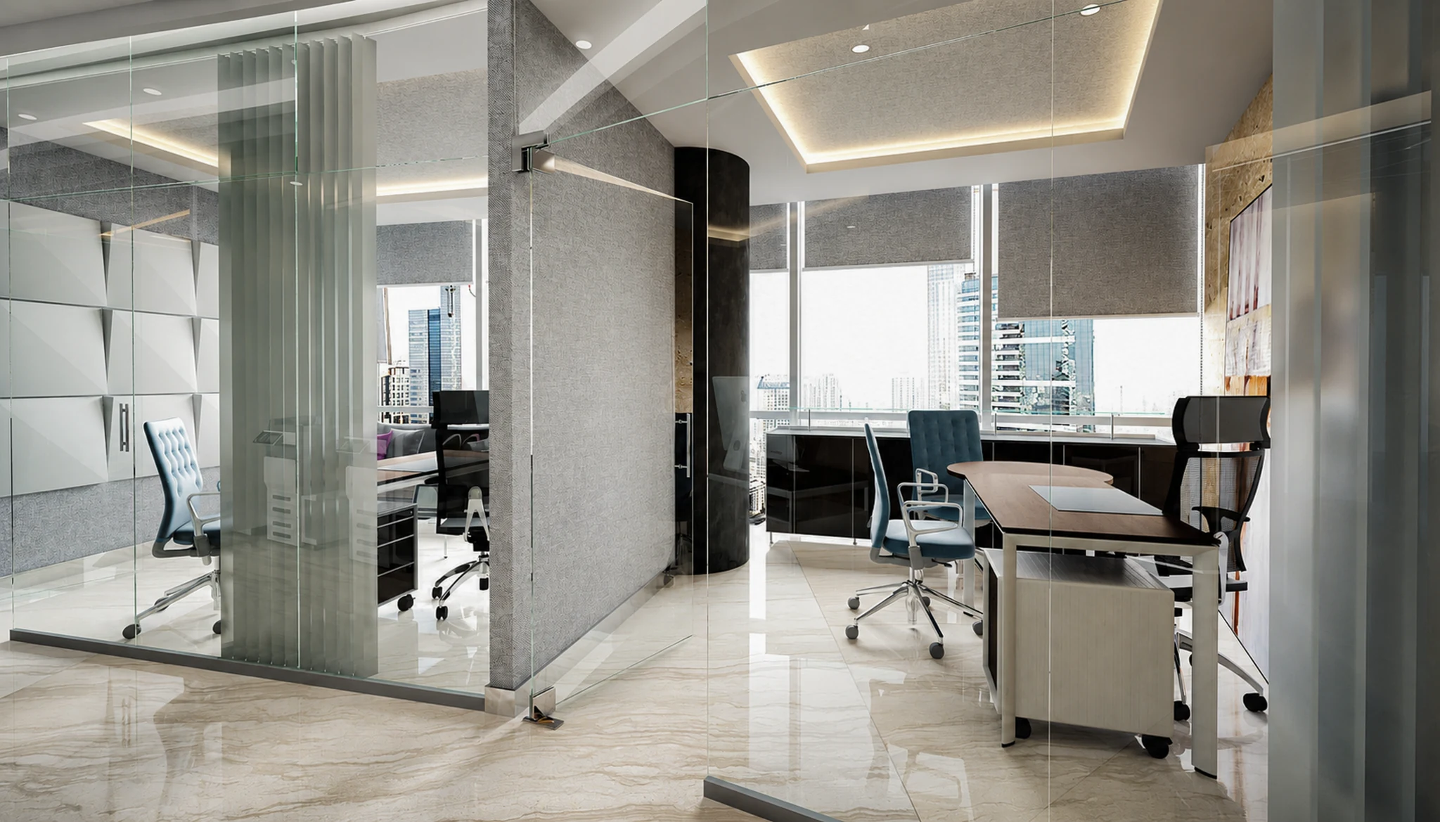 Executive suite, marble desk and city view — office interior in Dubai by Soltis Interiors