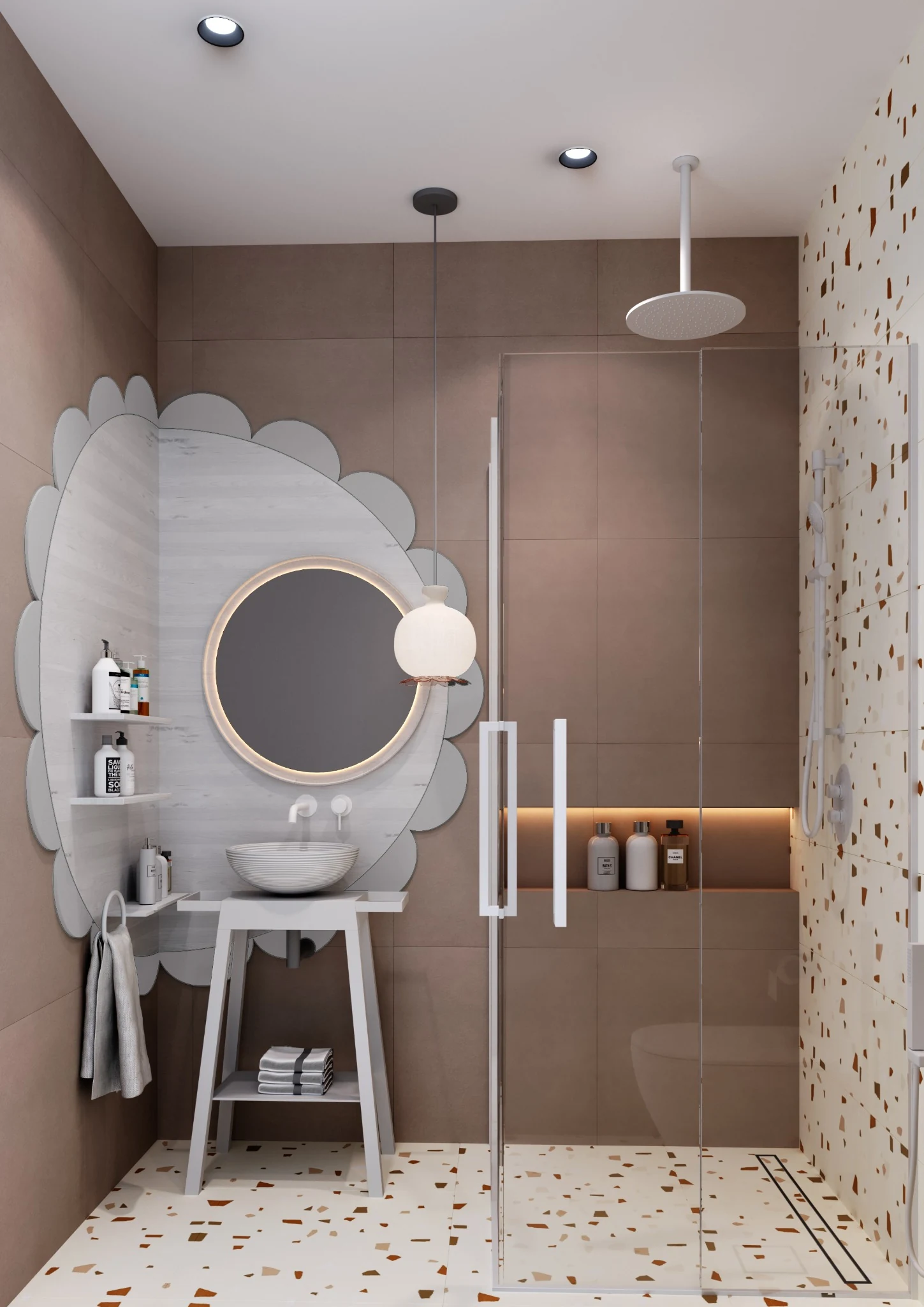 Bath, flower mirror — villa interior in Dubai by Soltis Interiors