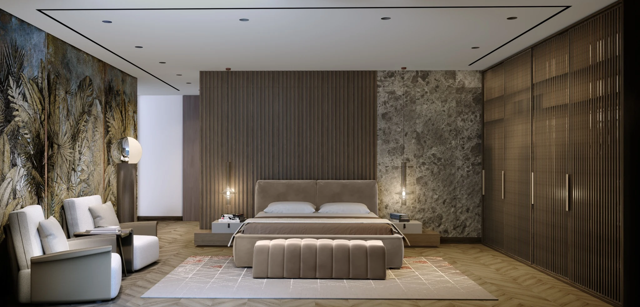 Entry, floating stair — villa interior in Dubai by Soltis Interiors