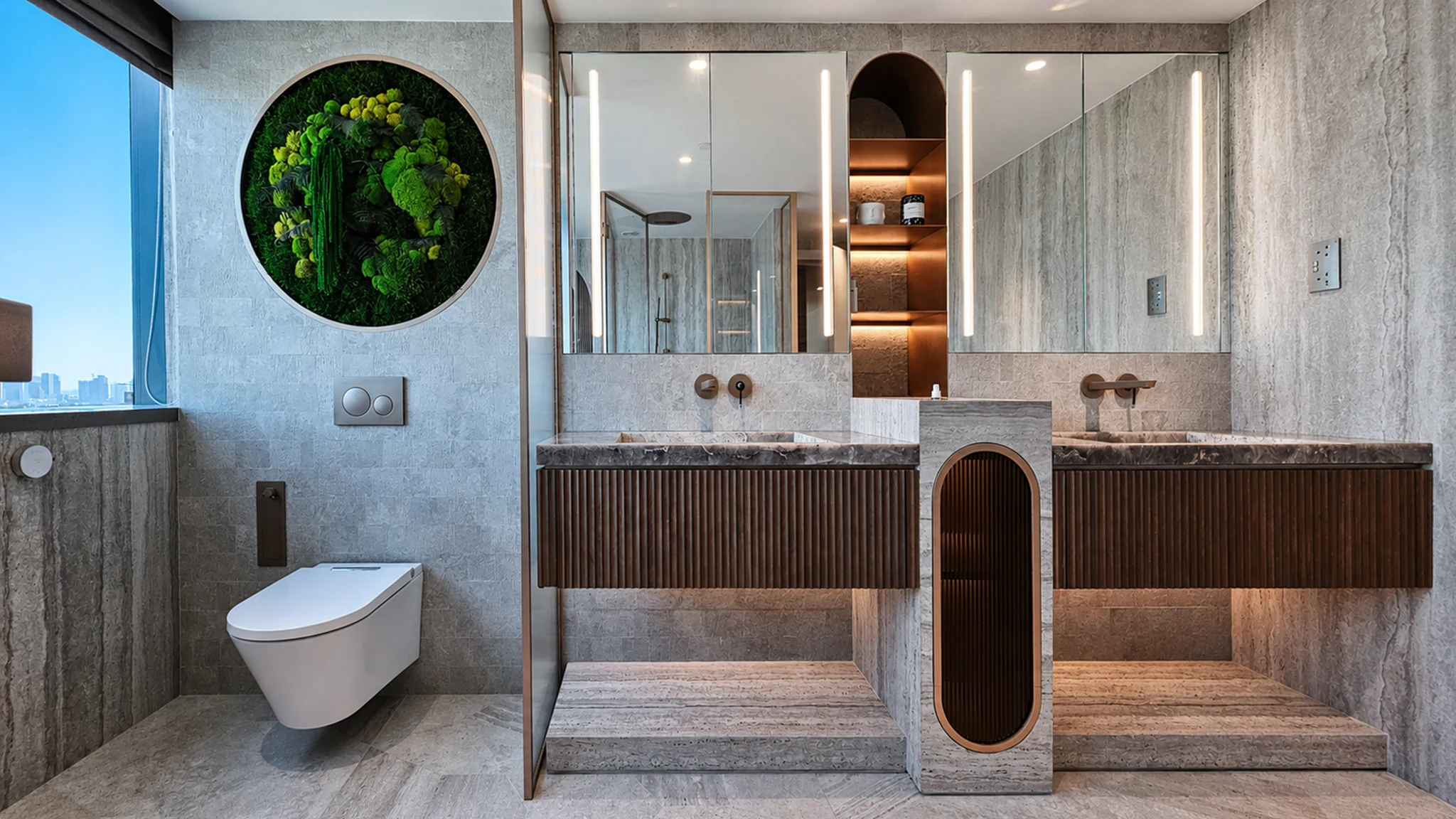 Lounge, brass shelves — apartment interior in Dubai by Soltis Interiors