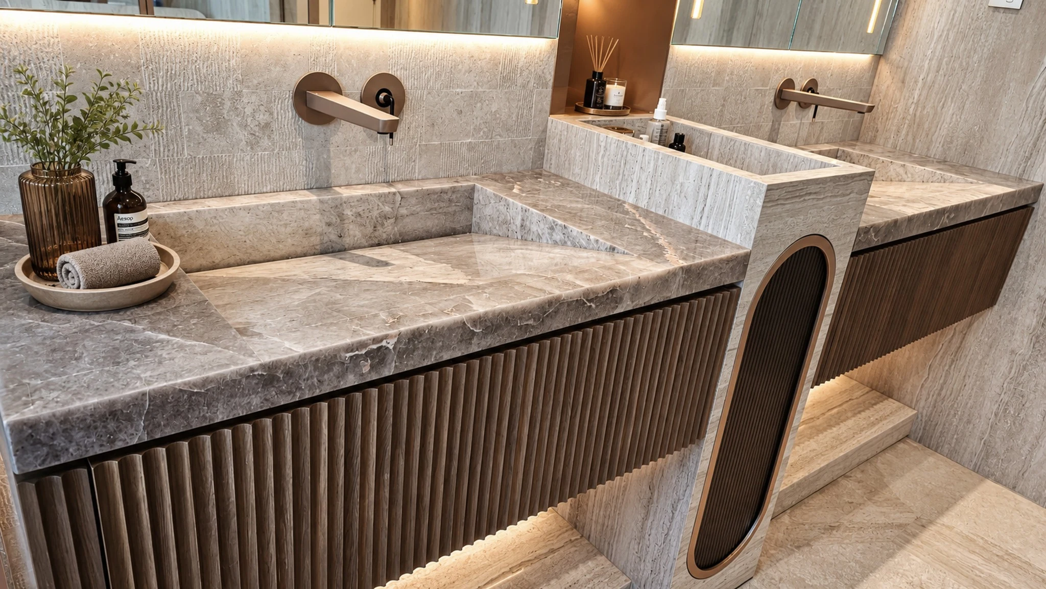 Master bath, moss art and city view — apartment interior in Dubai by Soltis Interiors