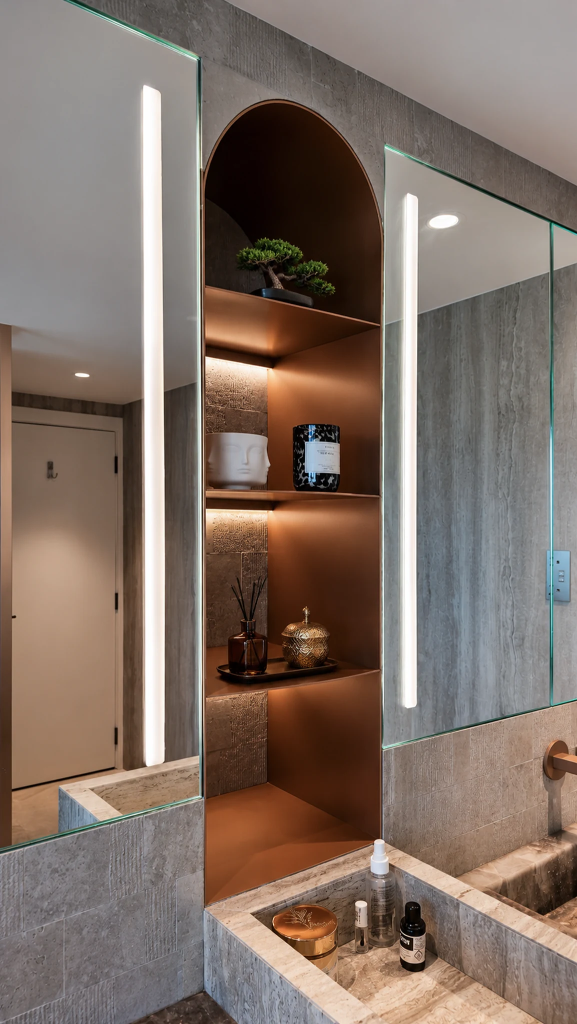 Master bath, double marble vanity — apartment interior in Dubai by Soltis Interiors