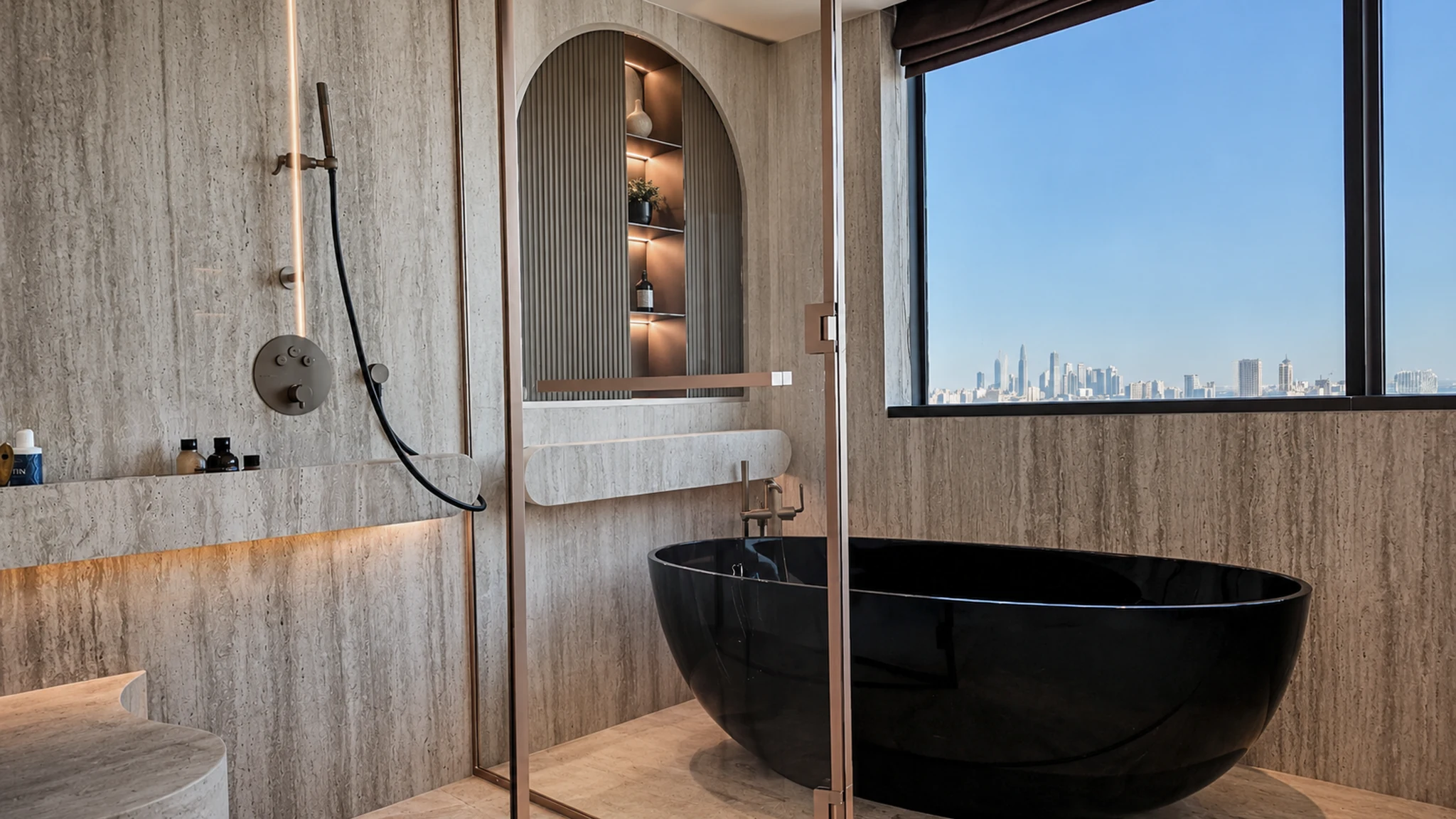 Master bath, arched copper niche — apartment interior in Dubai by Soltis Interiors