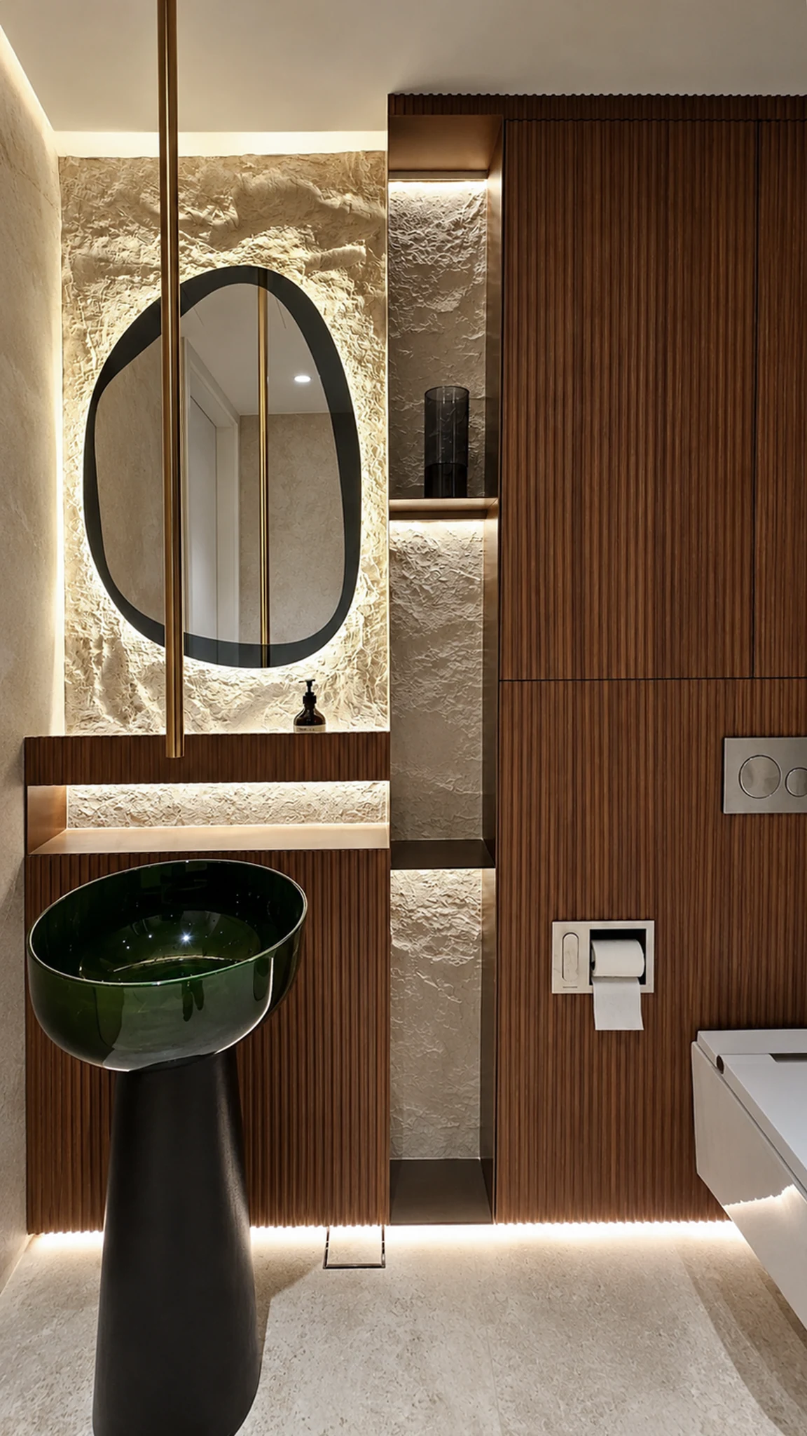 Master bath, black tub and skyline — apartment interior in Dubai by Soltis Interiors