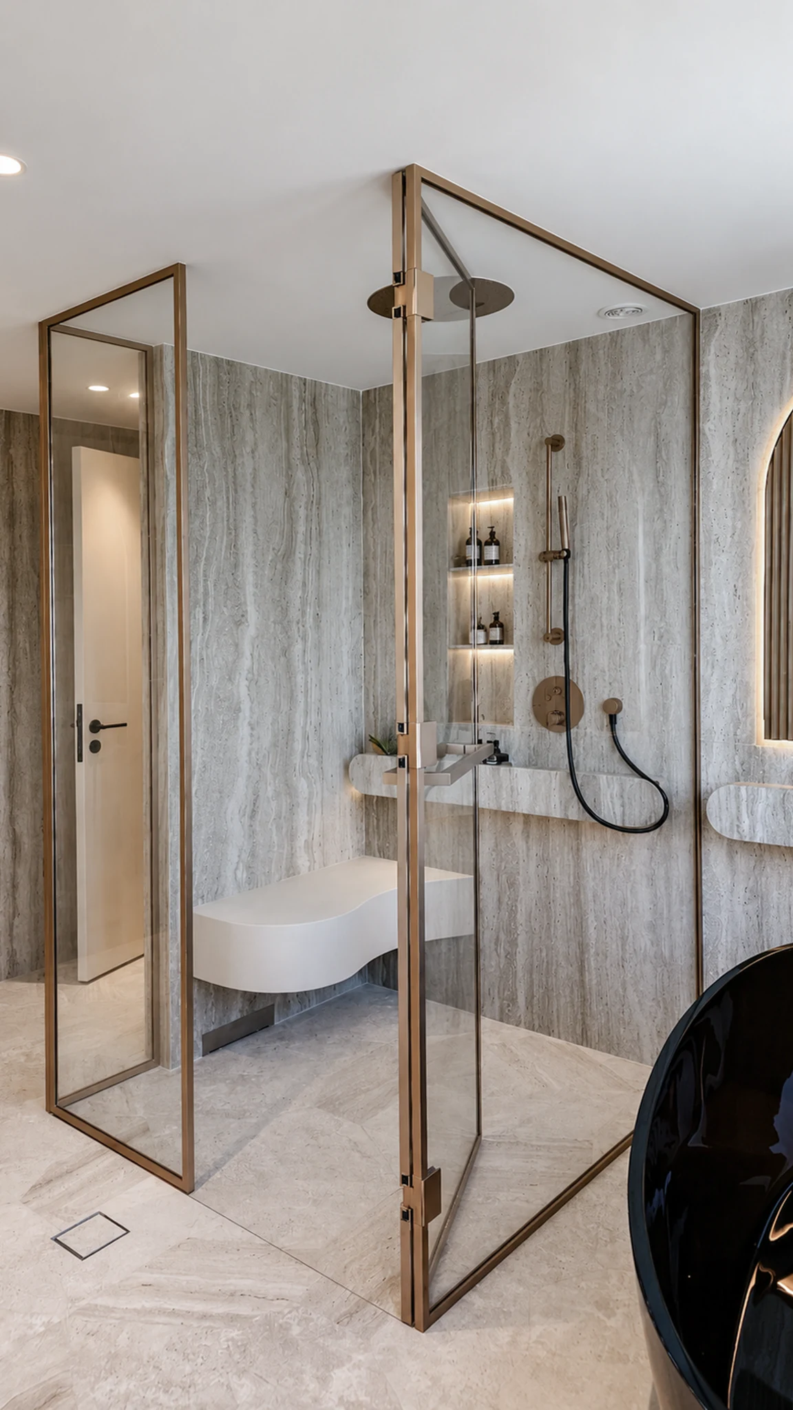 Powder room, green glass basin — apartment interior in Dubai by Soltis Interiors