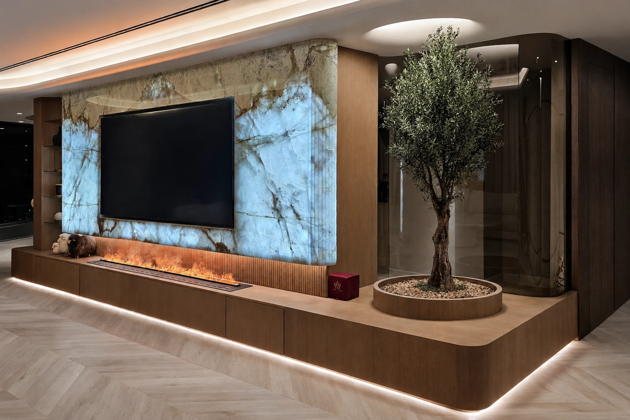 Living, onyx wall and fireplace — apartment interior in Dubai by Soltis Interiors