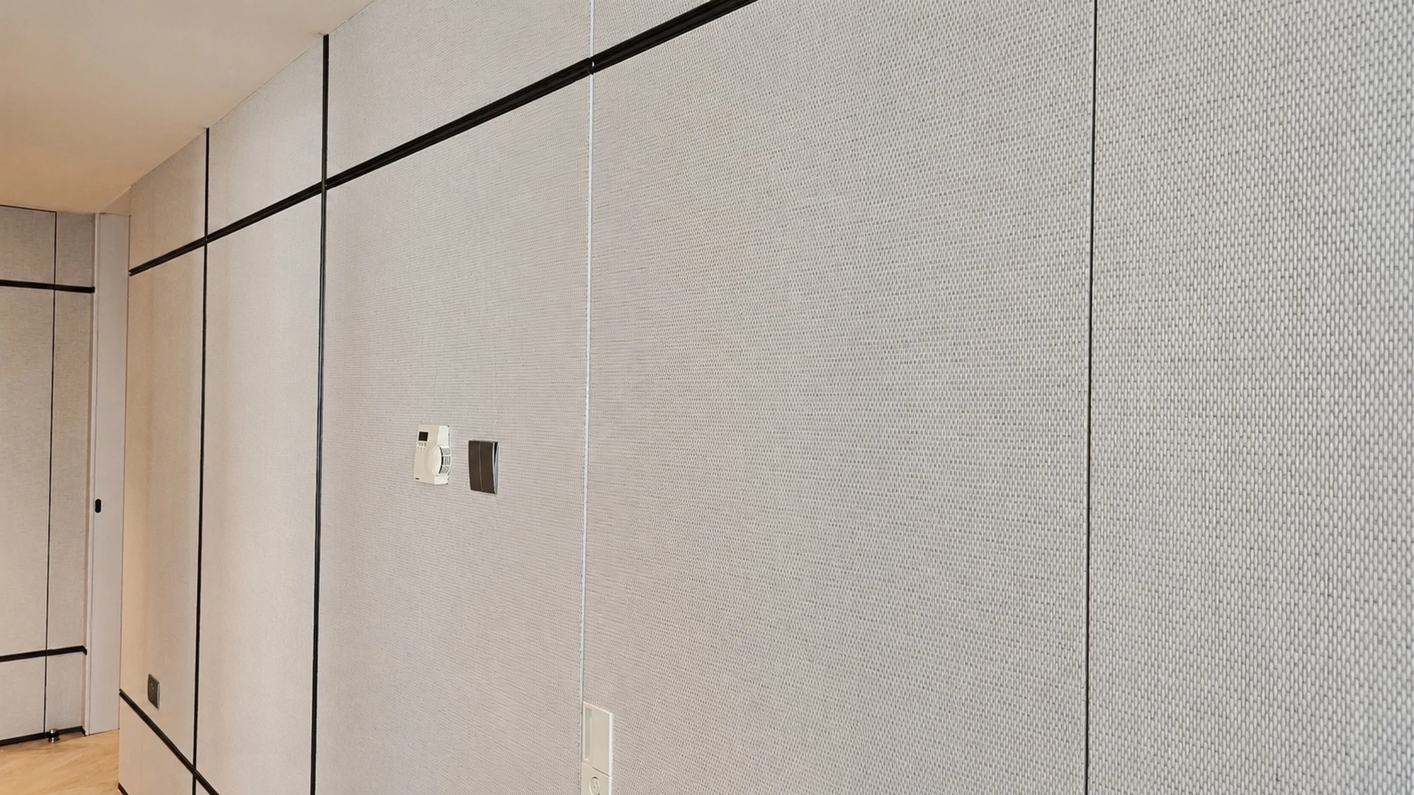Corridor, dark timber slats — apartment interior in Dubai by Soltis Interiors