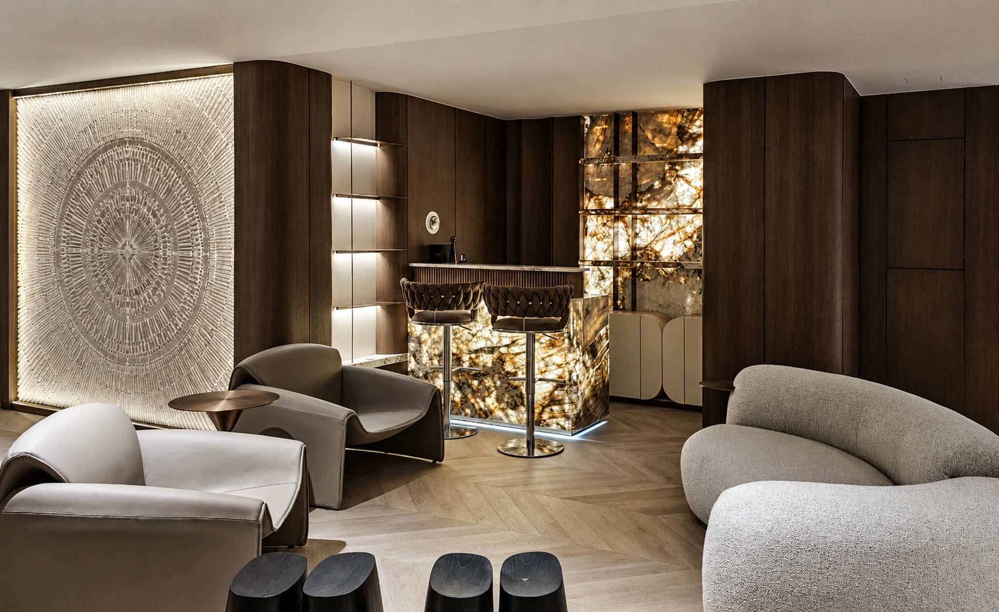 Corridor, fabric wall panels — apartment interior in Dubai by Soltis Interiors