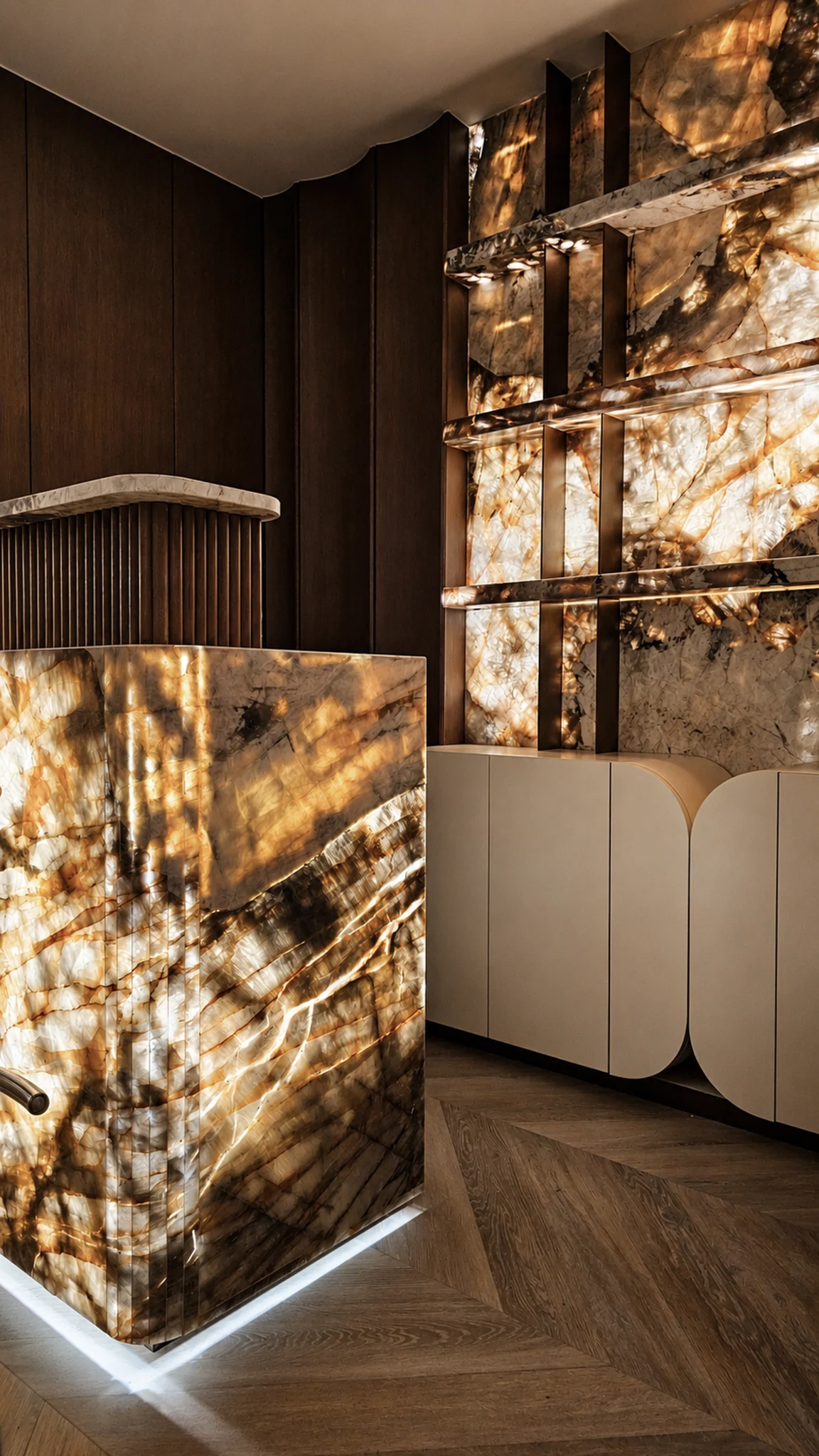 Lounge, onyx bar and seating — apartment interior in Dubai by Soltis Interiors