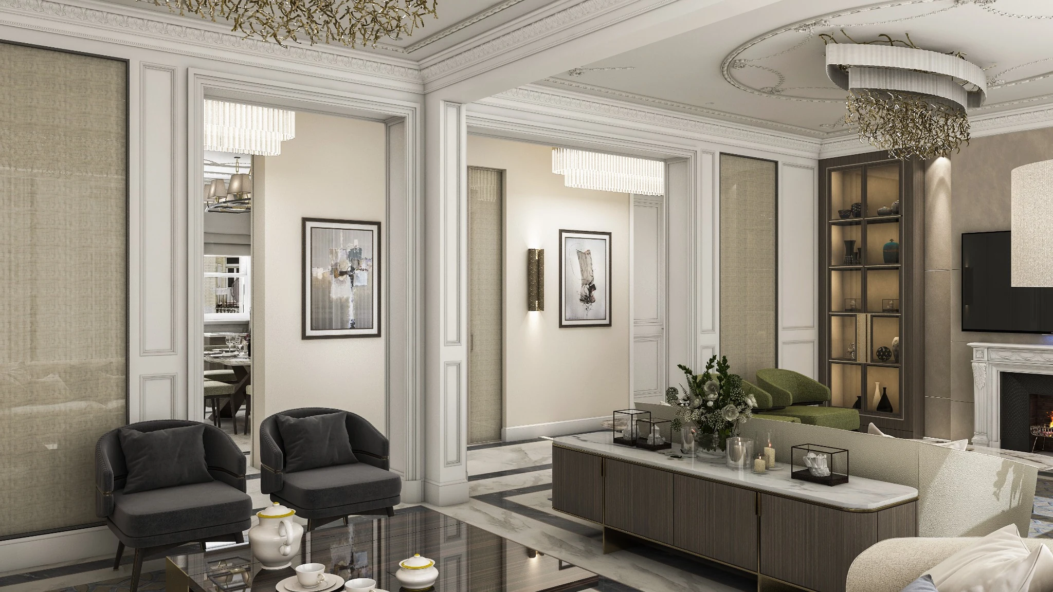 Living, enfilade to dining — apartment interior in London by Soltis Interiors