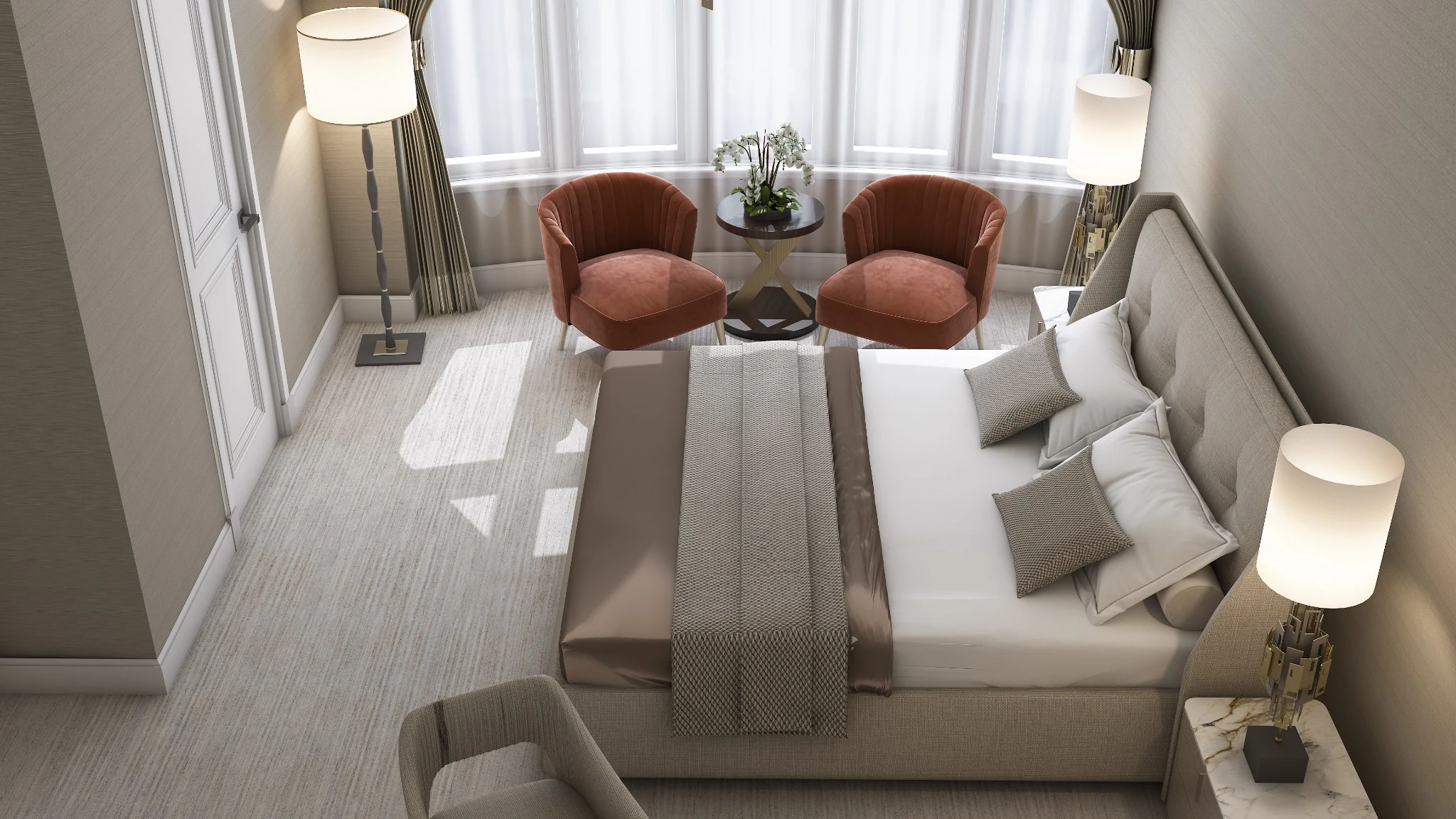 Master suite, terracotta chairs — apartment interior in London by Soltis Interiors