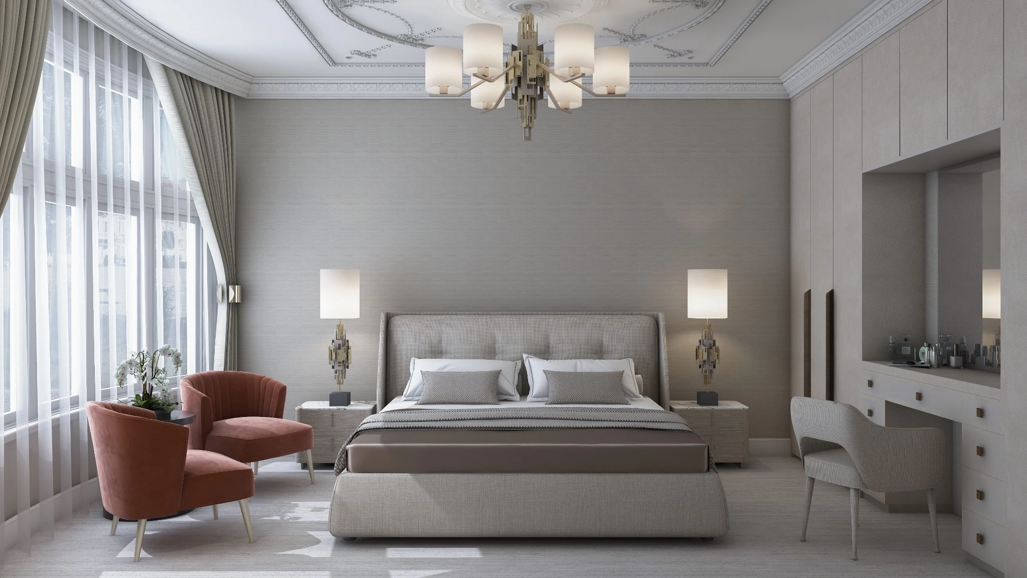 Master suite, grey silk walls — apartment interior in London by Soltis Interiors