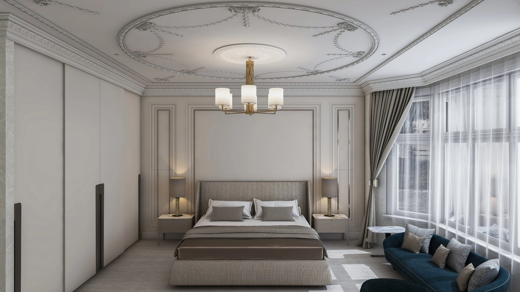 Master suite, plasterwork ceiling — apartment interior in London by Soltis Interiors