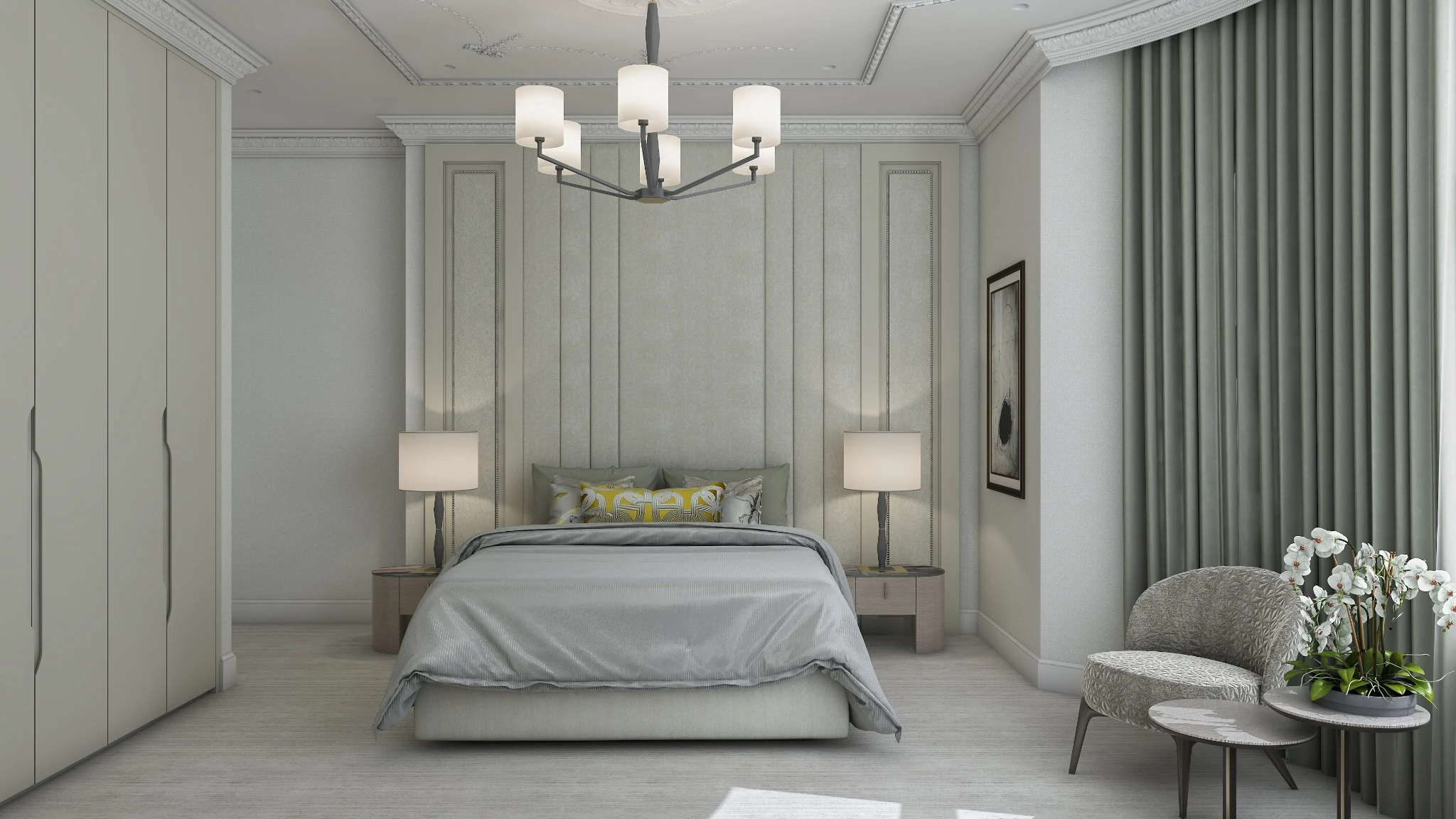 Bedroom, sage and ivory — apartment interior in London by Soltis Interiors
