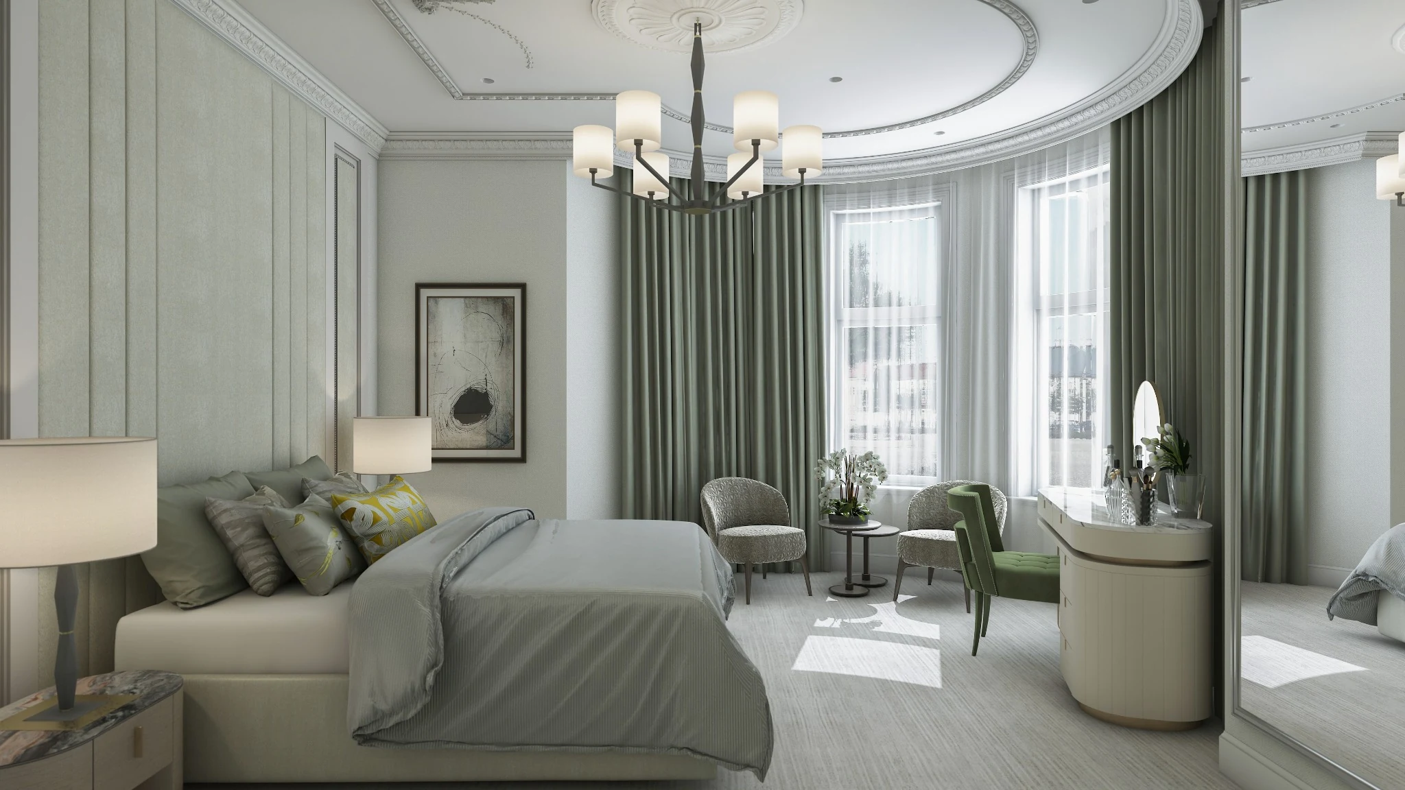 Bedroom, bay window — apartment interior in London by Soltis Interiors