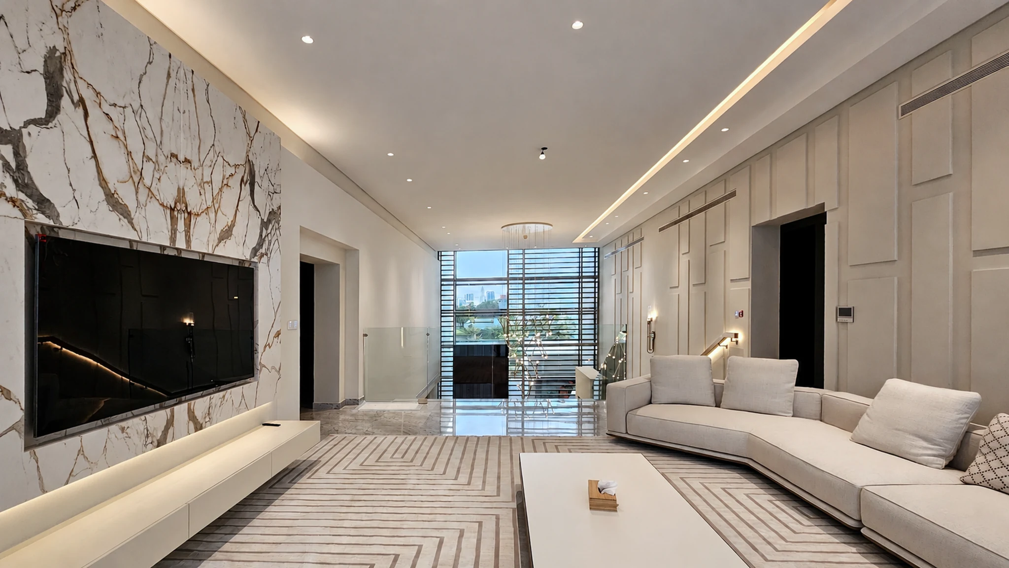 Entrance, round mirror and console — villa interior in Dubai by Soltis Interiors