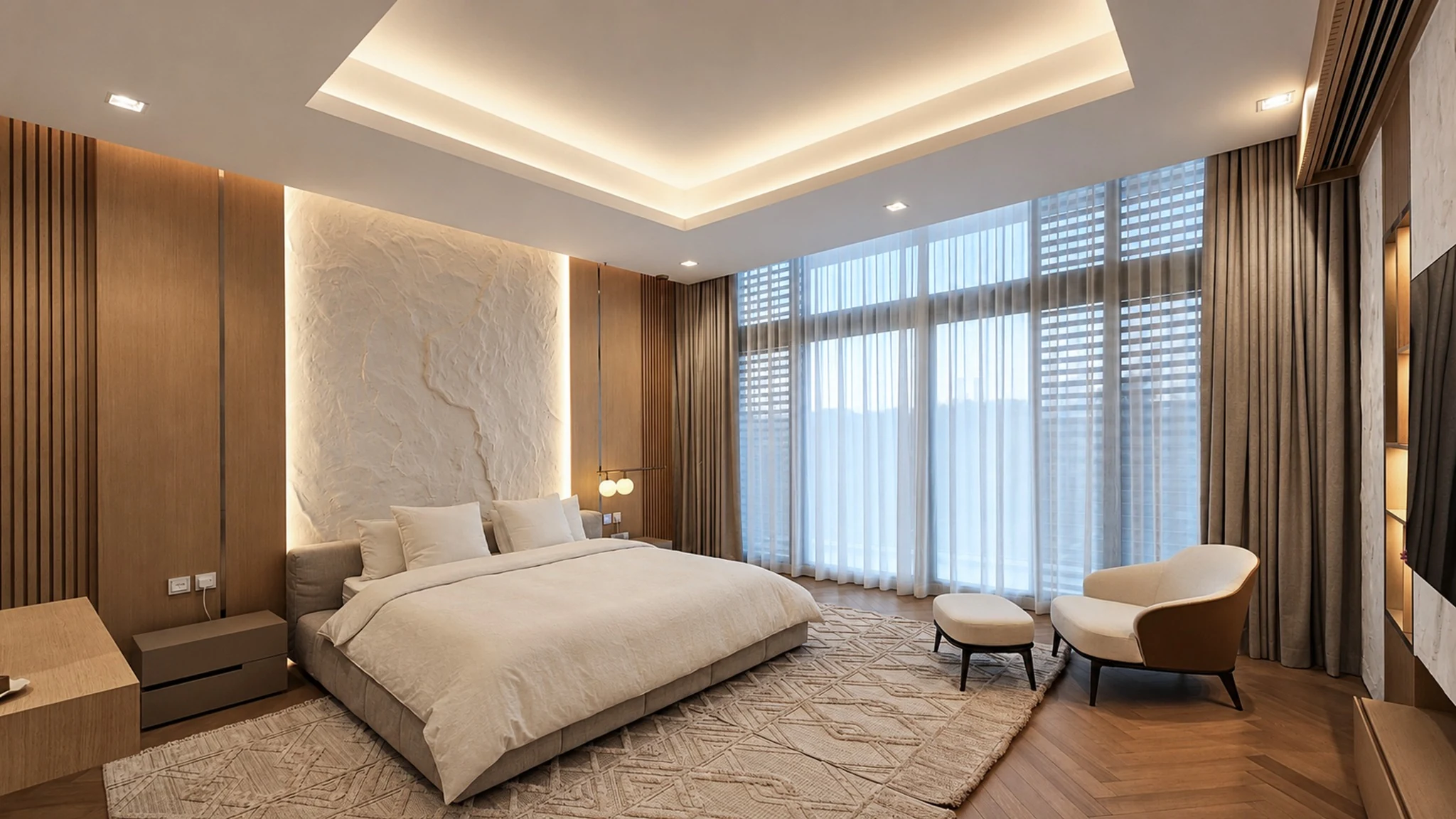 Living, ring chandeliers and onyx wall — villa interior in Dubai by Soltis Interiors
