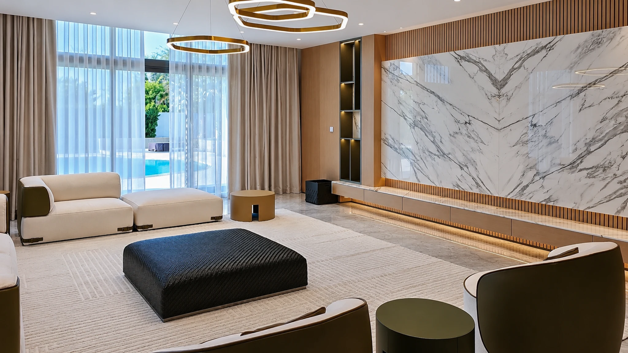 Living, marble TV wall — villa interior in Dubai by Soltis Interiors