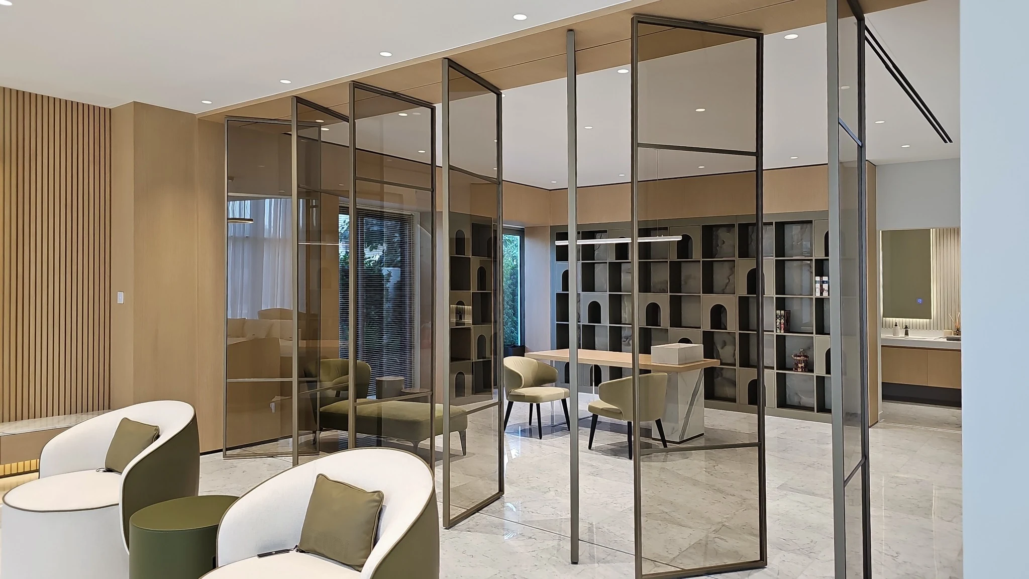 Master bedroom, stone headwall — villa interior in Dubai by Soltis Interiors