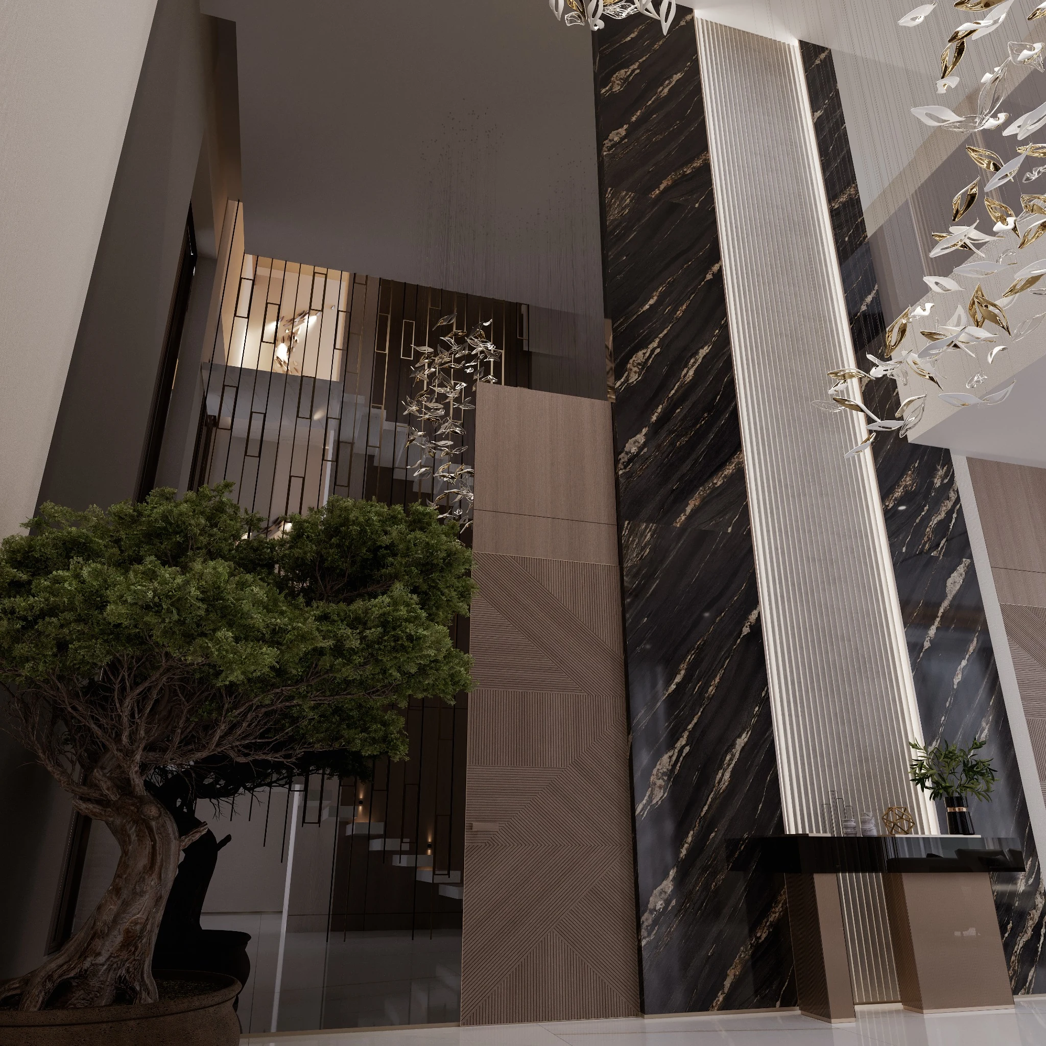 Entrance, double-height hall and bonsai — villa interior in Miami by Soltis Interiors