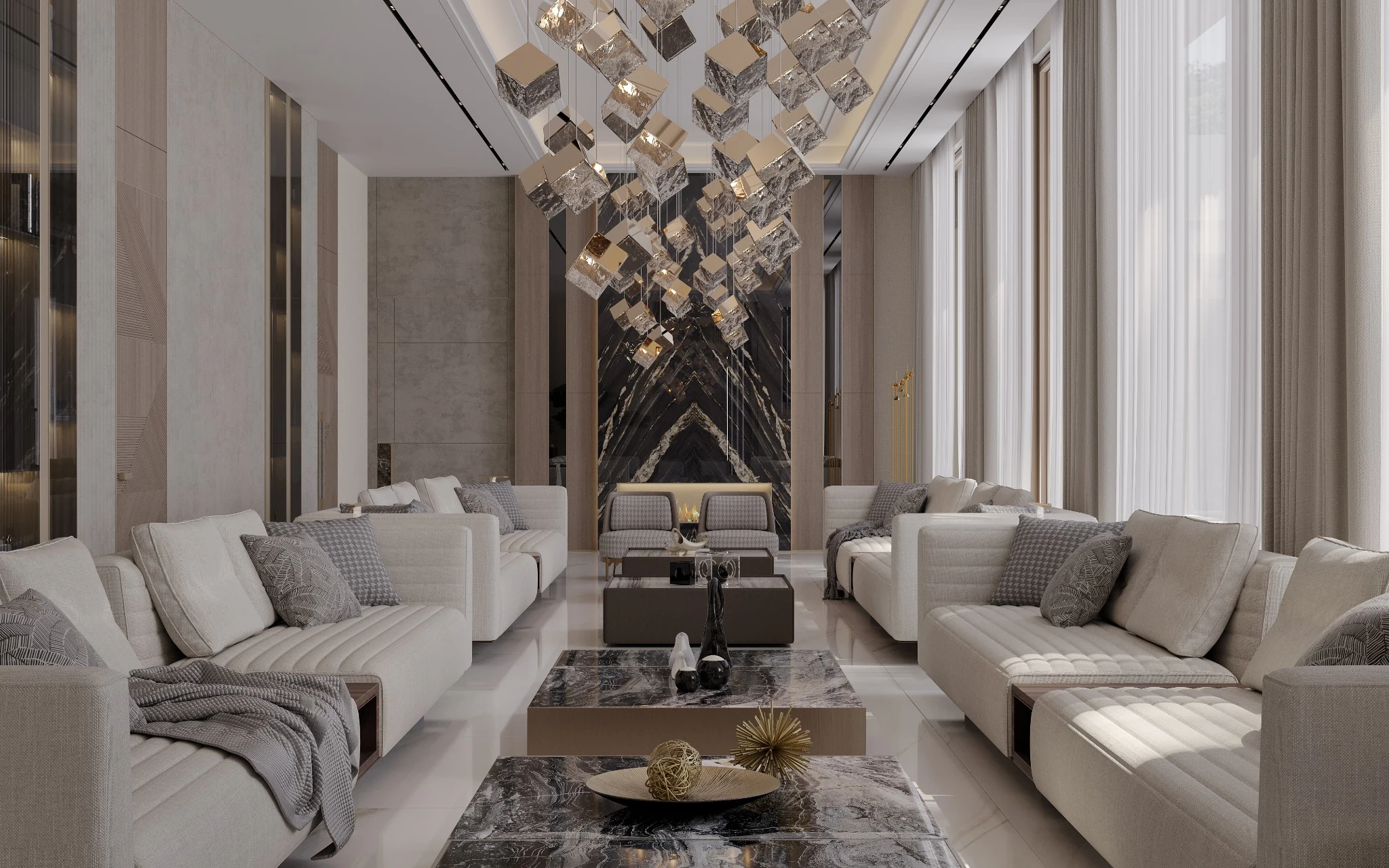 Living, cube chandelier and marble feature — villa interior in Miami by Soltis Interiors