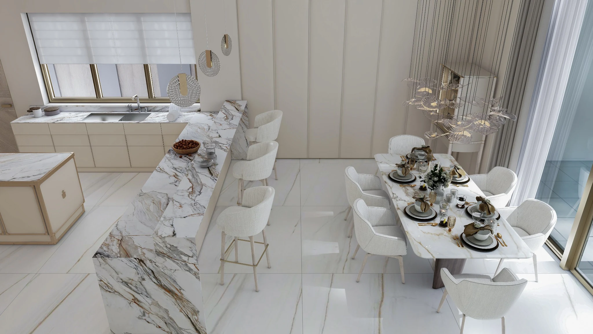 Kitchen and dining, Calacatta marble island — villa interior in Miami by Soltis Interiors