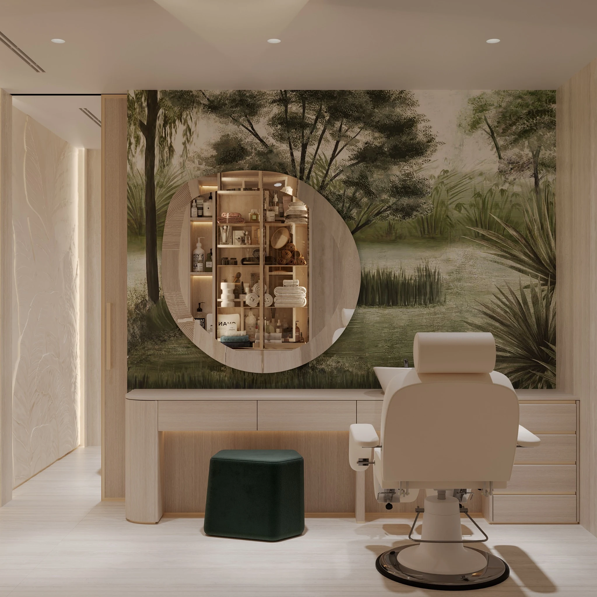 Beauty salon, botanical mural — villa interior in Miami by Soltis Interiors