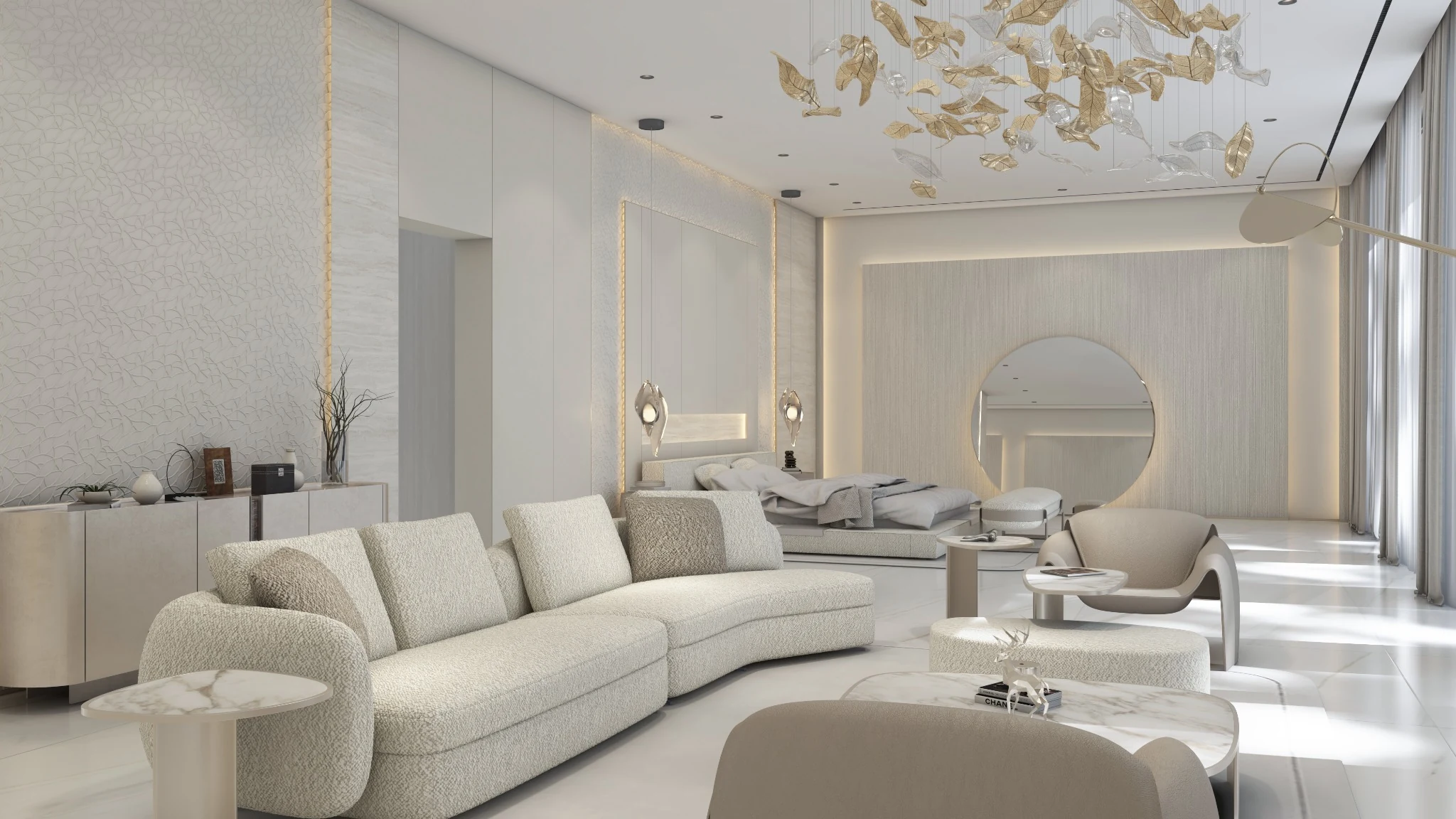 Master suite, gold leaf chandelier — villa interior in Miami by Soltis Interiors