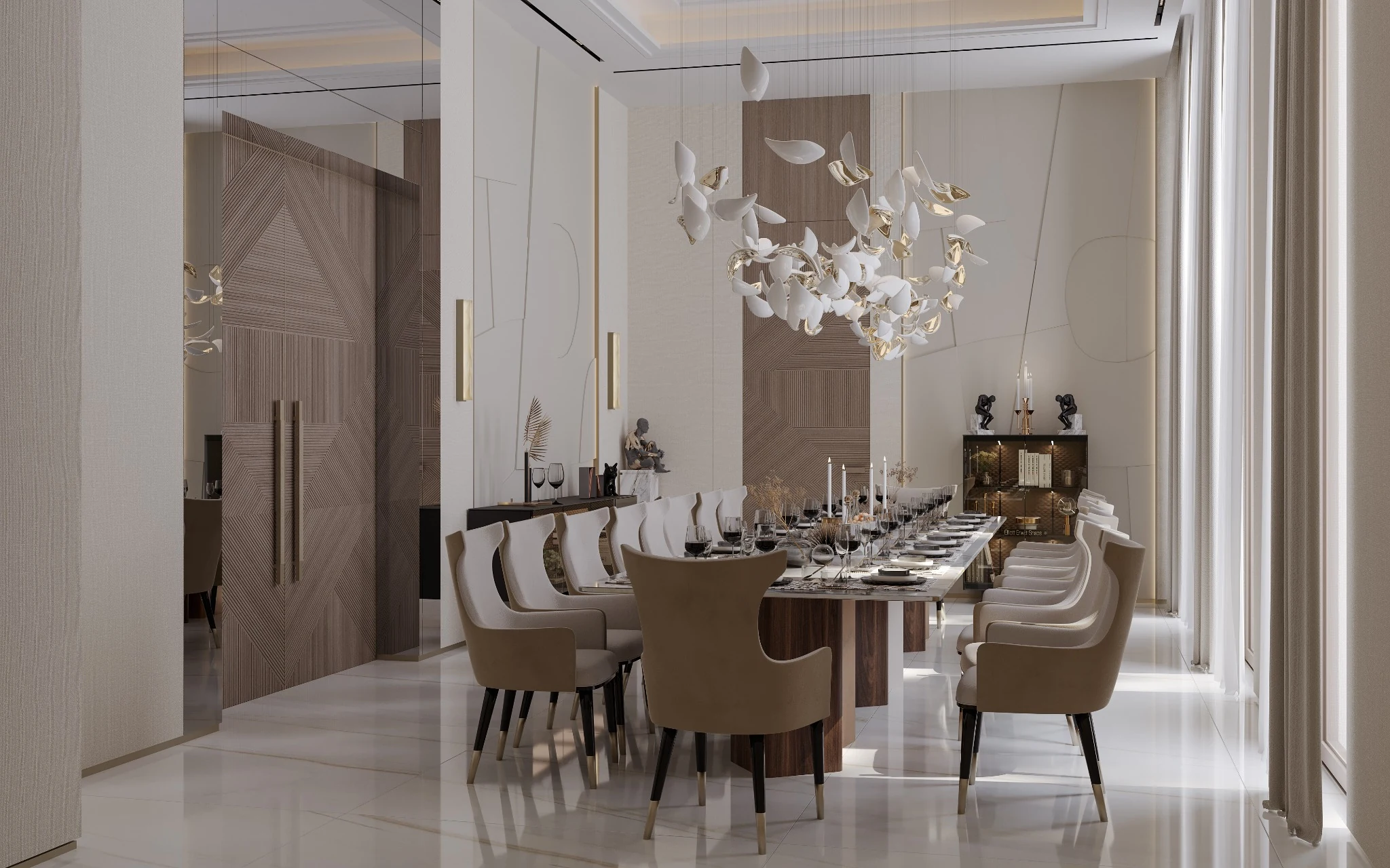 Formal dining, butterfly chandelier — villa interior in Miami by Soltis Interiors