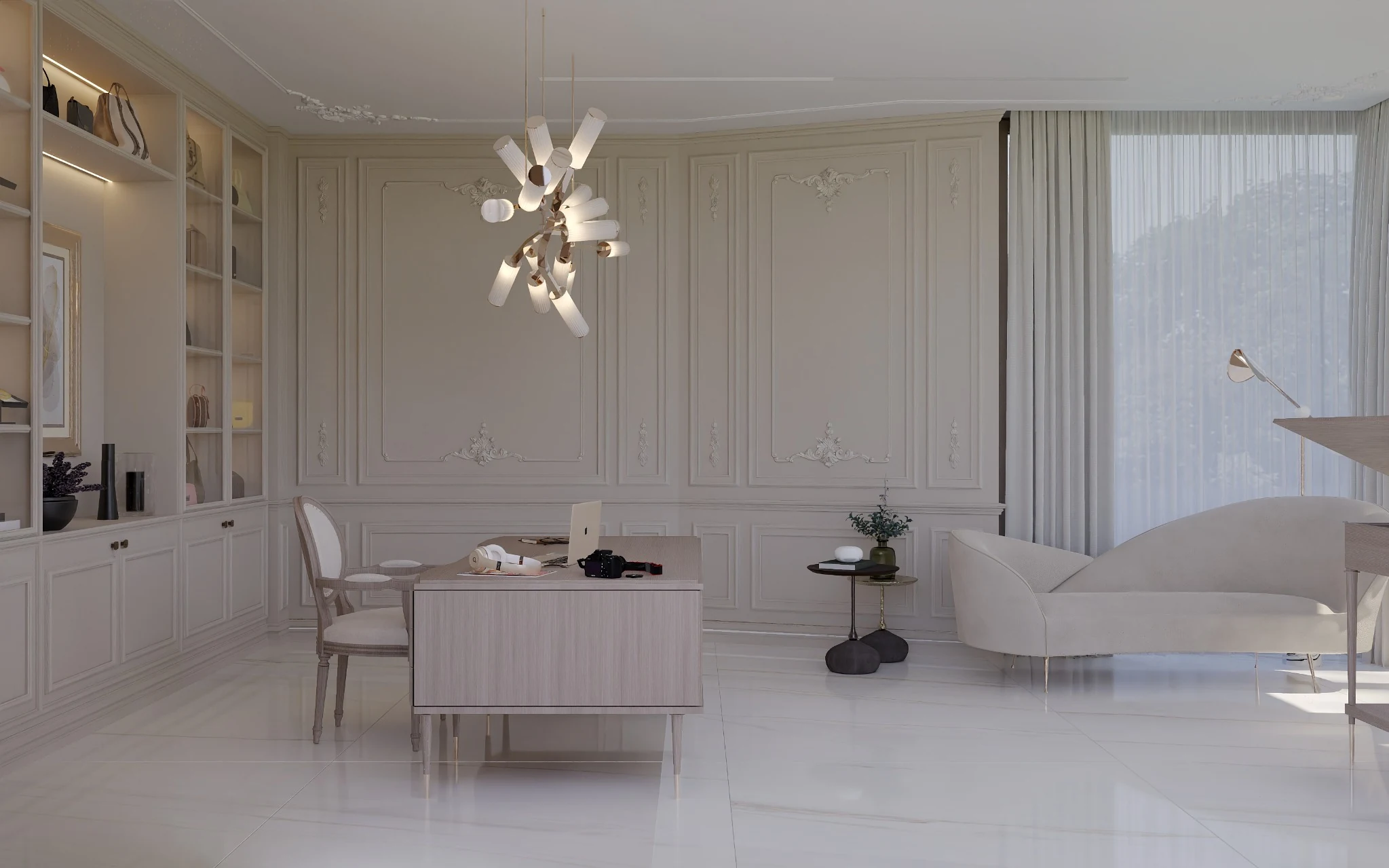 Study, French panelling and library — villa interior in Miami by Soltis Interiors